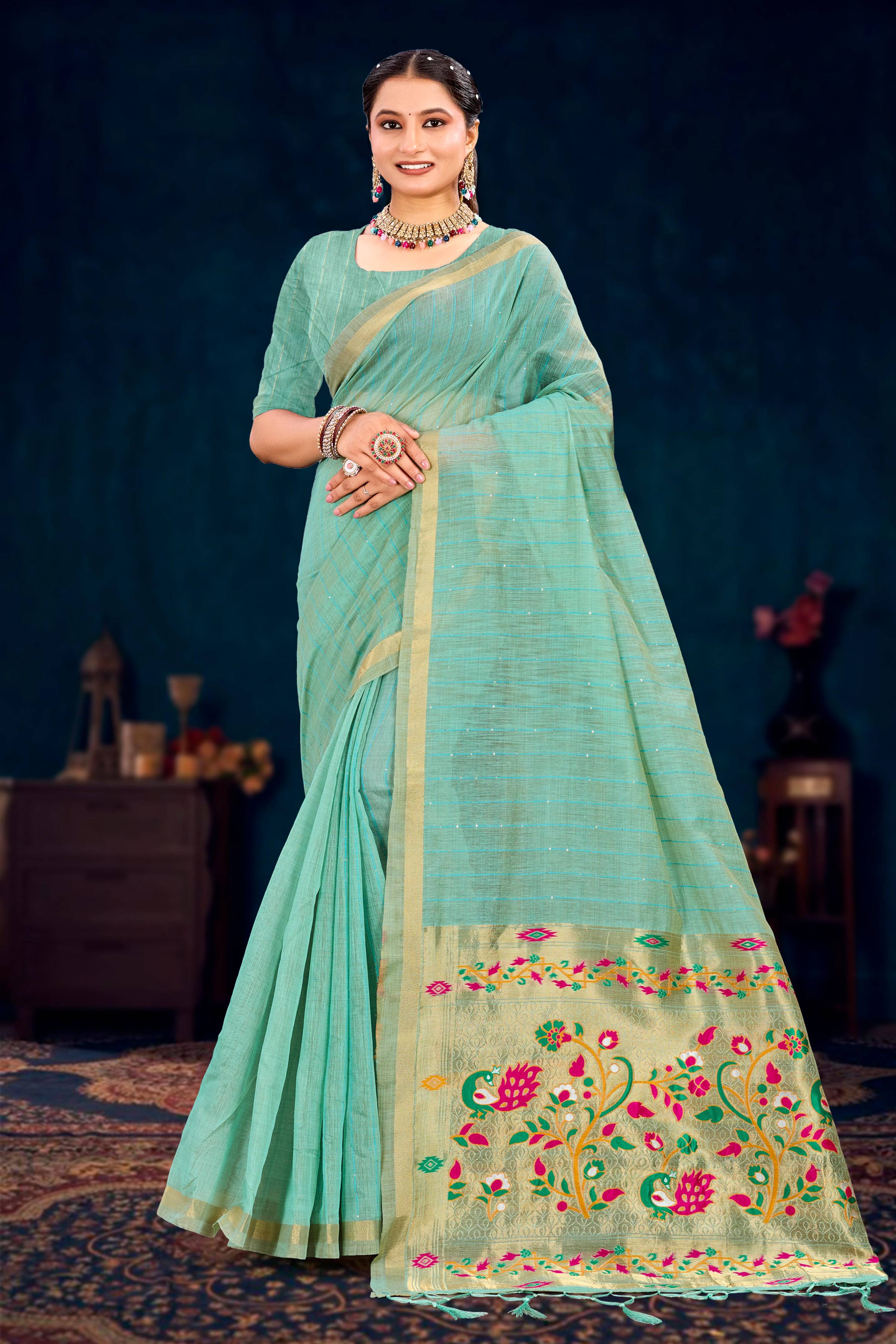Sangam Prints Aqua Green Cotton Blend Woven Work Traditional Saree - Dista