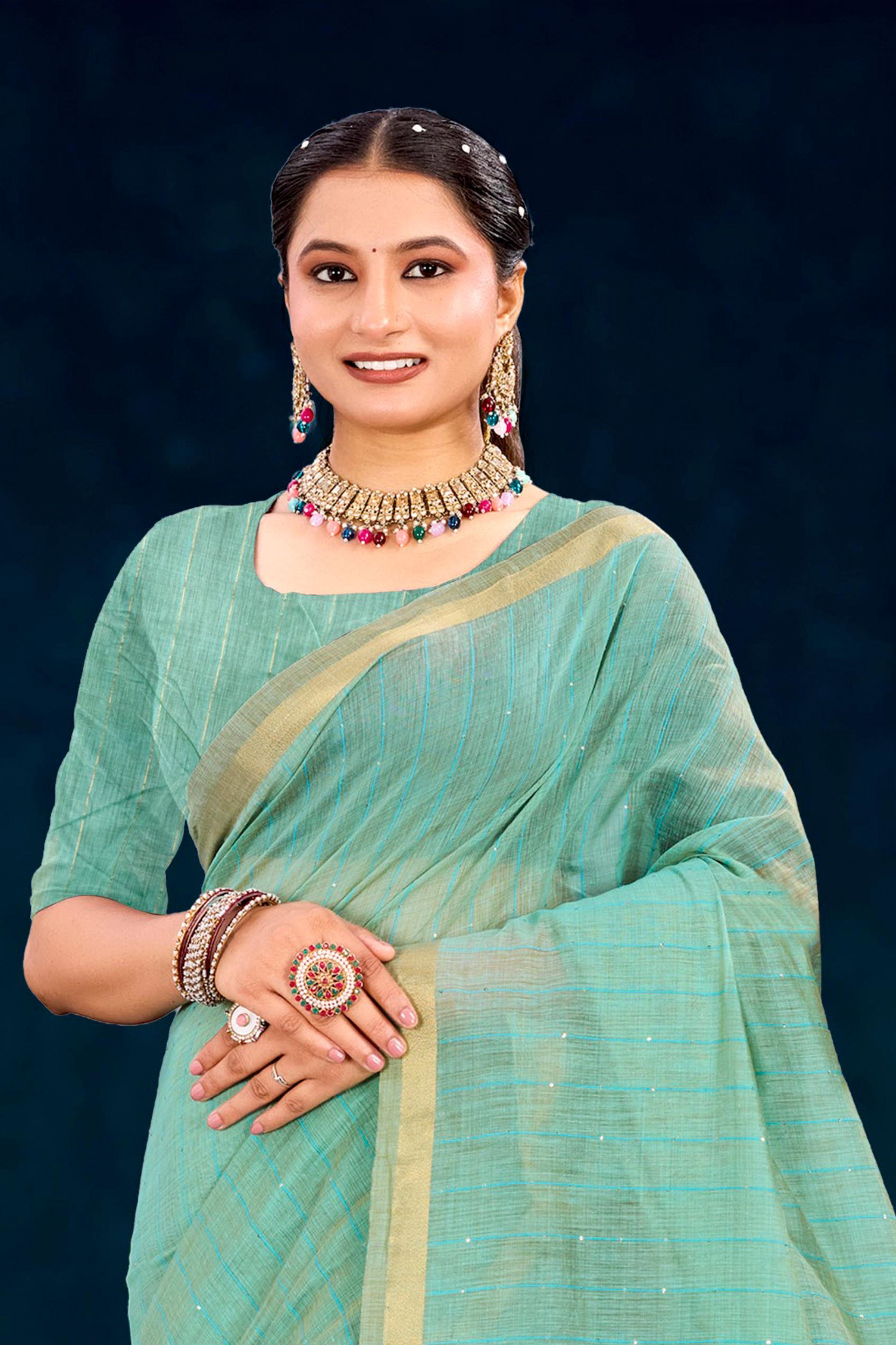 Sangam Prints Aqua Green Cotton Blend Woven Work Traditional Saree - Dista