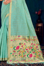Thumbnail for Sangam Prints Aqua Green Cotton Blend Woven Work Traditional Saree - Dista