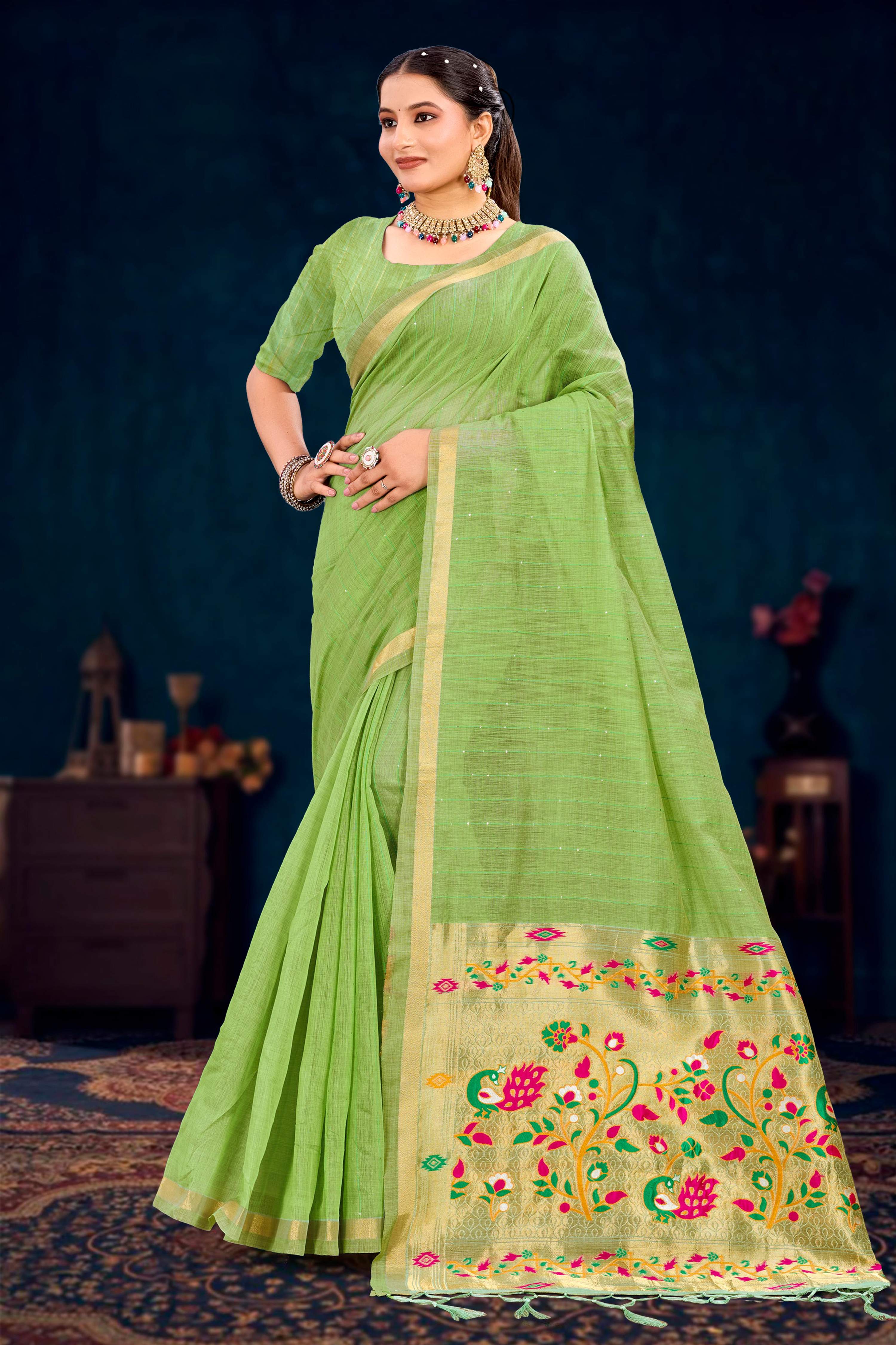 Sangam Prints Parrot Green Cotton Blend Woven Work Traditional Saree - Dista