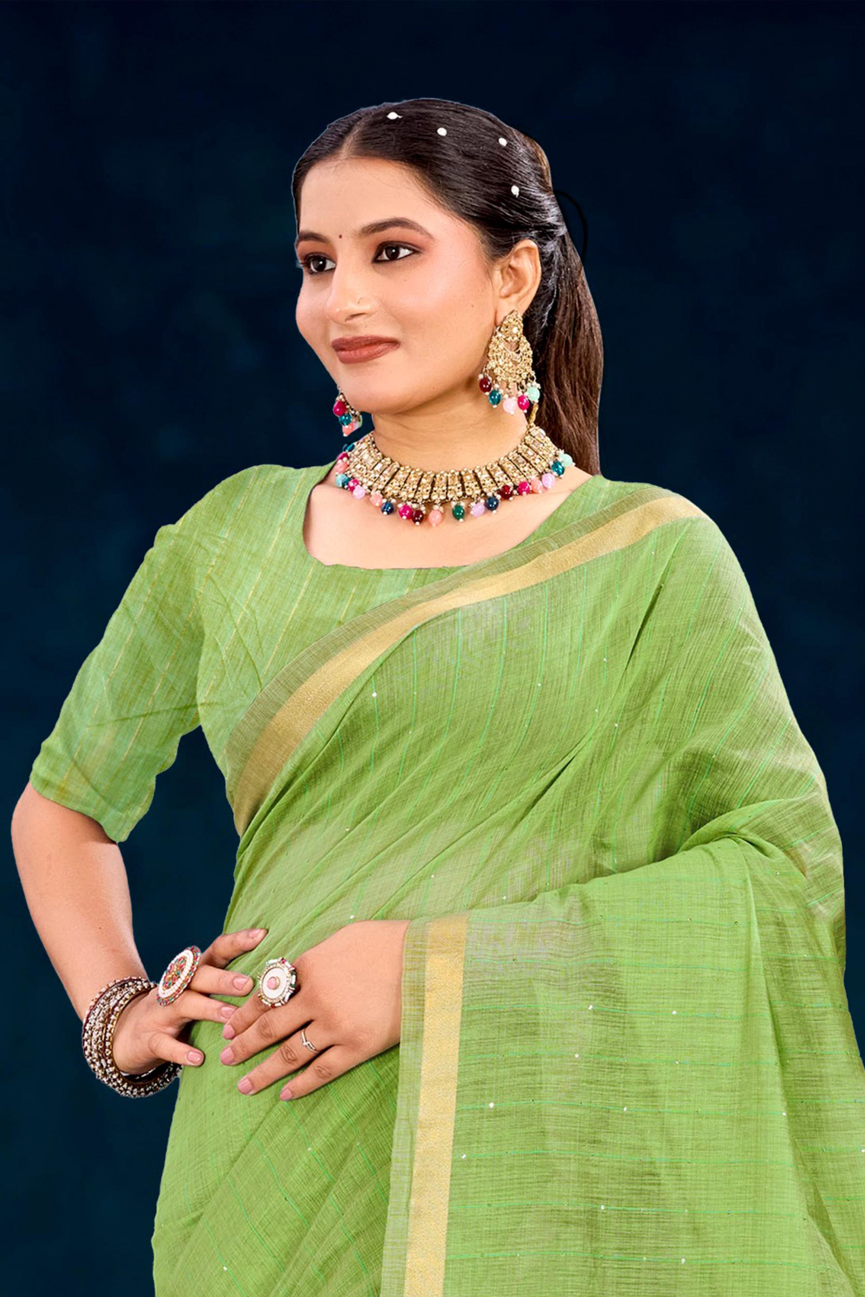 Sangam Prints Parrot Green Cotton Blend Woven Work Traditional Saree - Dista