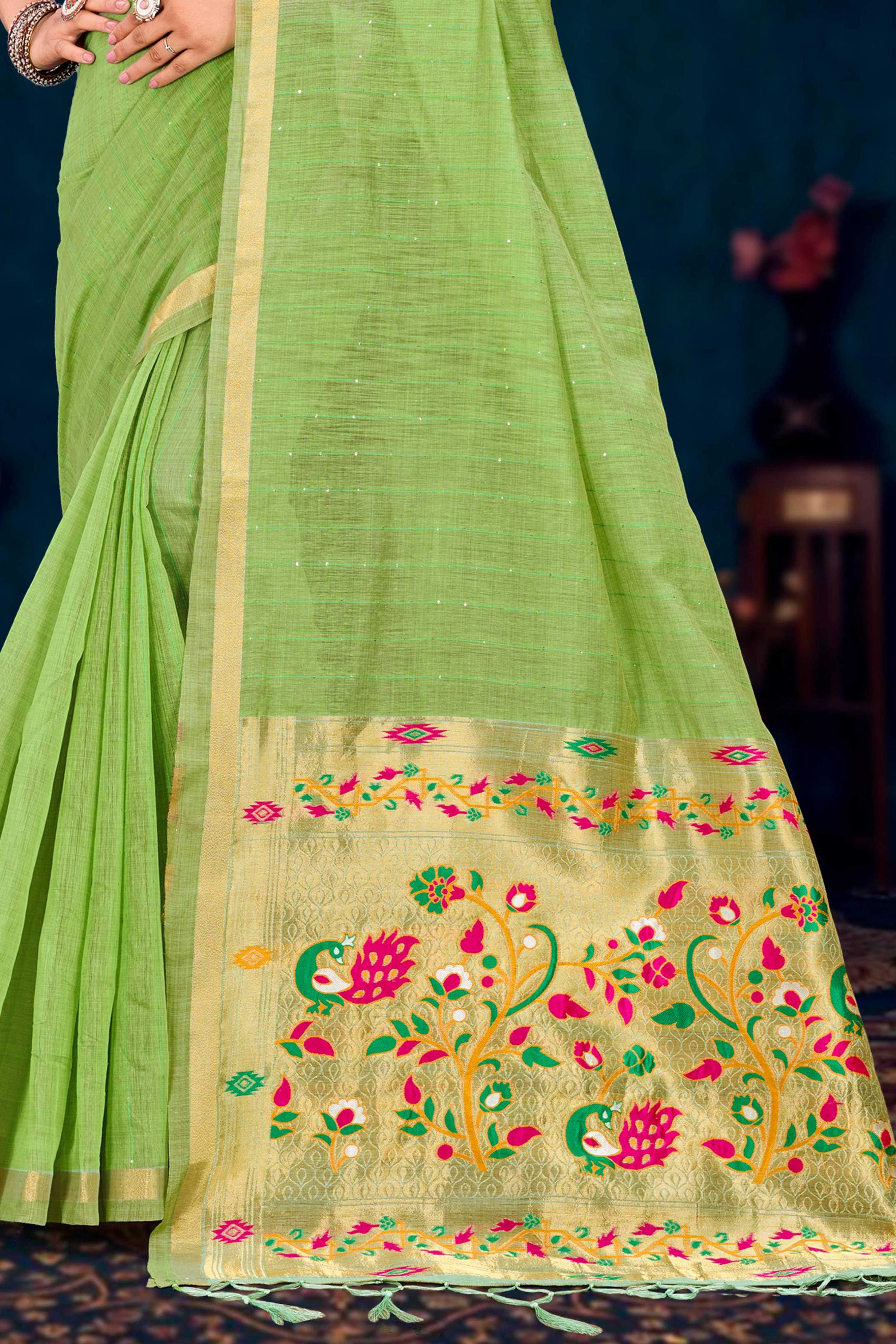 Sangam Prints Parrot Green Cotton Blend Woven Work Traditional Saree - Dista