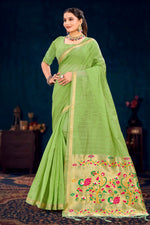 Thumbnail for Sangam Prints Parrot Green Cotton Blend Woven Work Traditional Saree - Dista