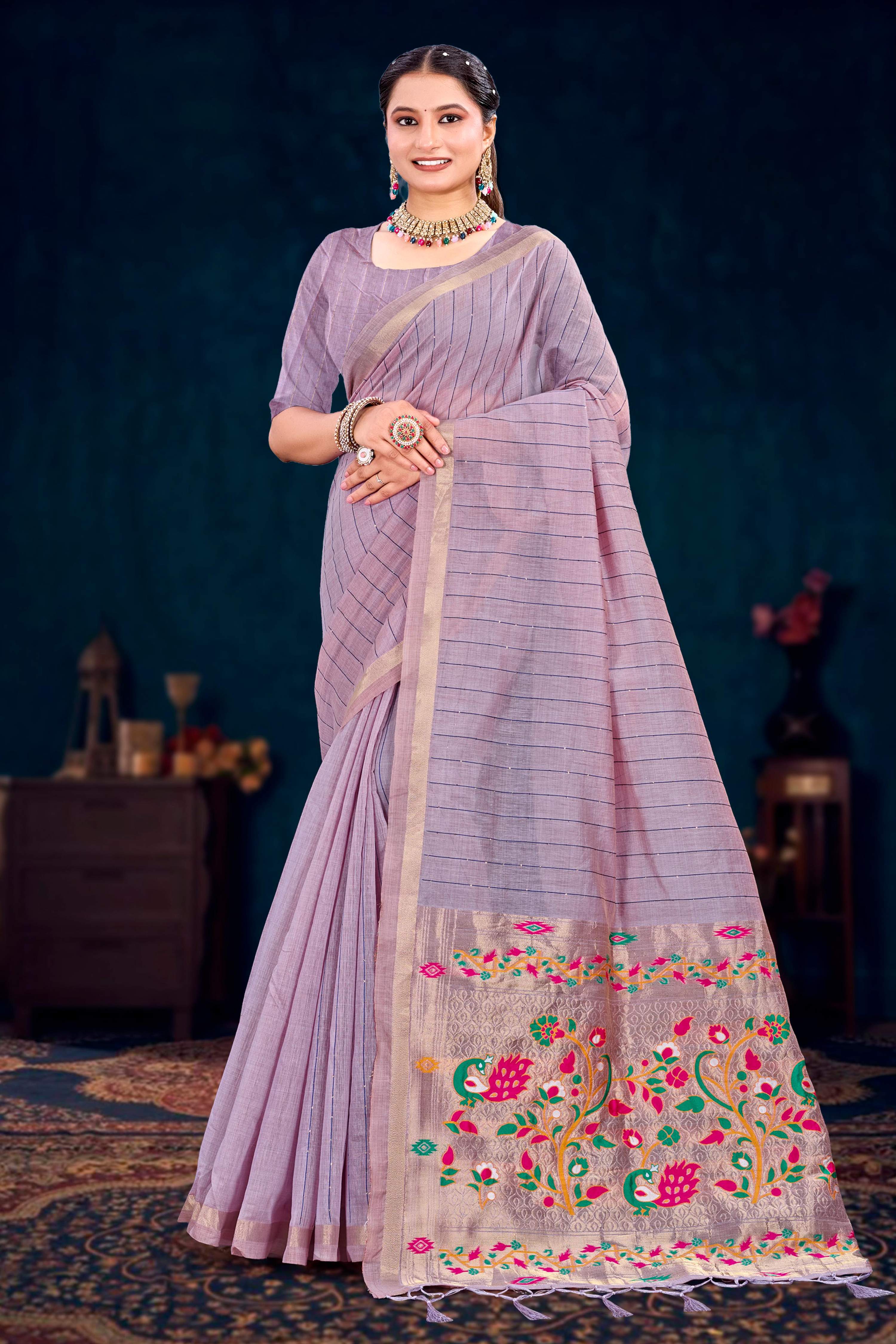 Sangam Prints Dusty Lavender Cotton Blend Woven Work Traditional Saree - Dista