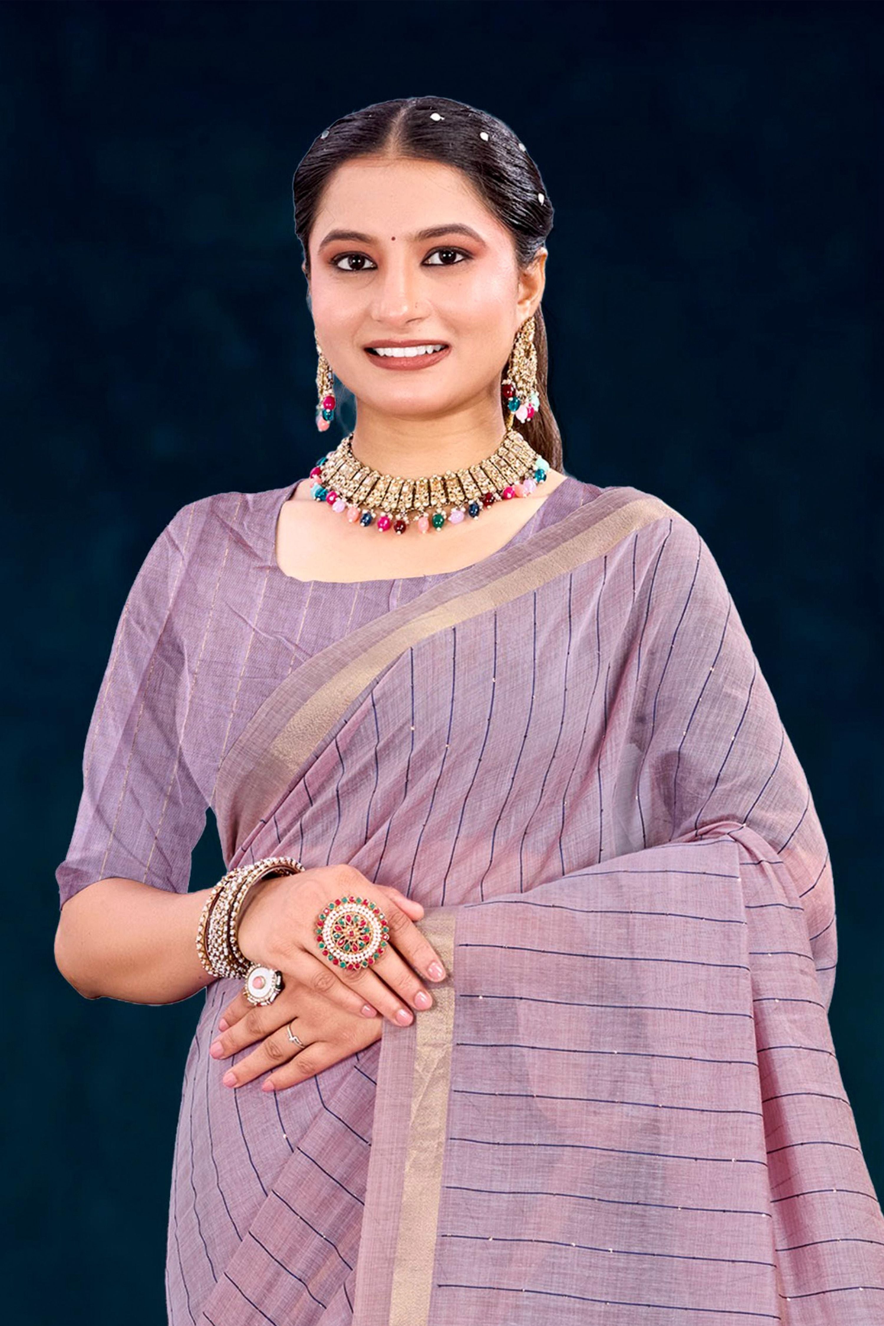Sangam Prints Dusty Lavender Cotton Blend Woven Work Traditional Saree - Dista