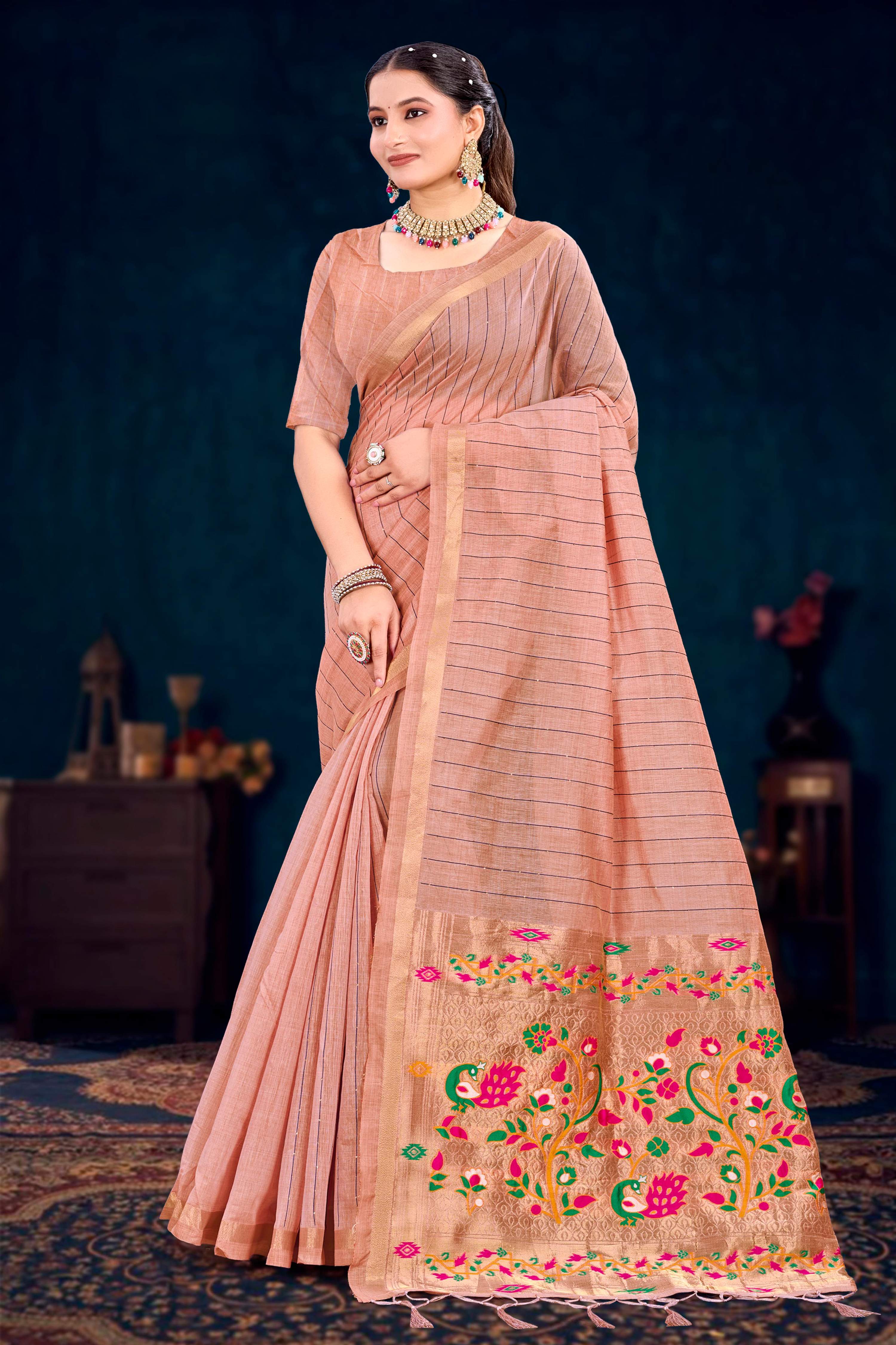 Sangam Prints Rose Peach Cotton Blend Woven Work Traditional Saree - Dista