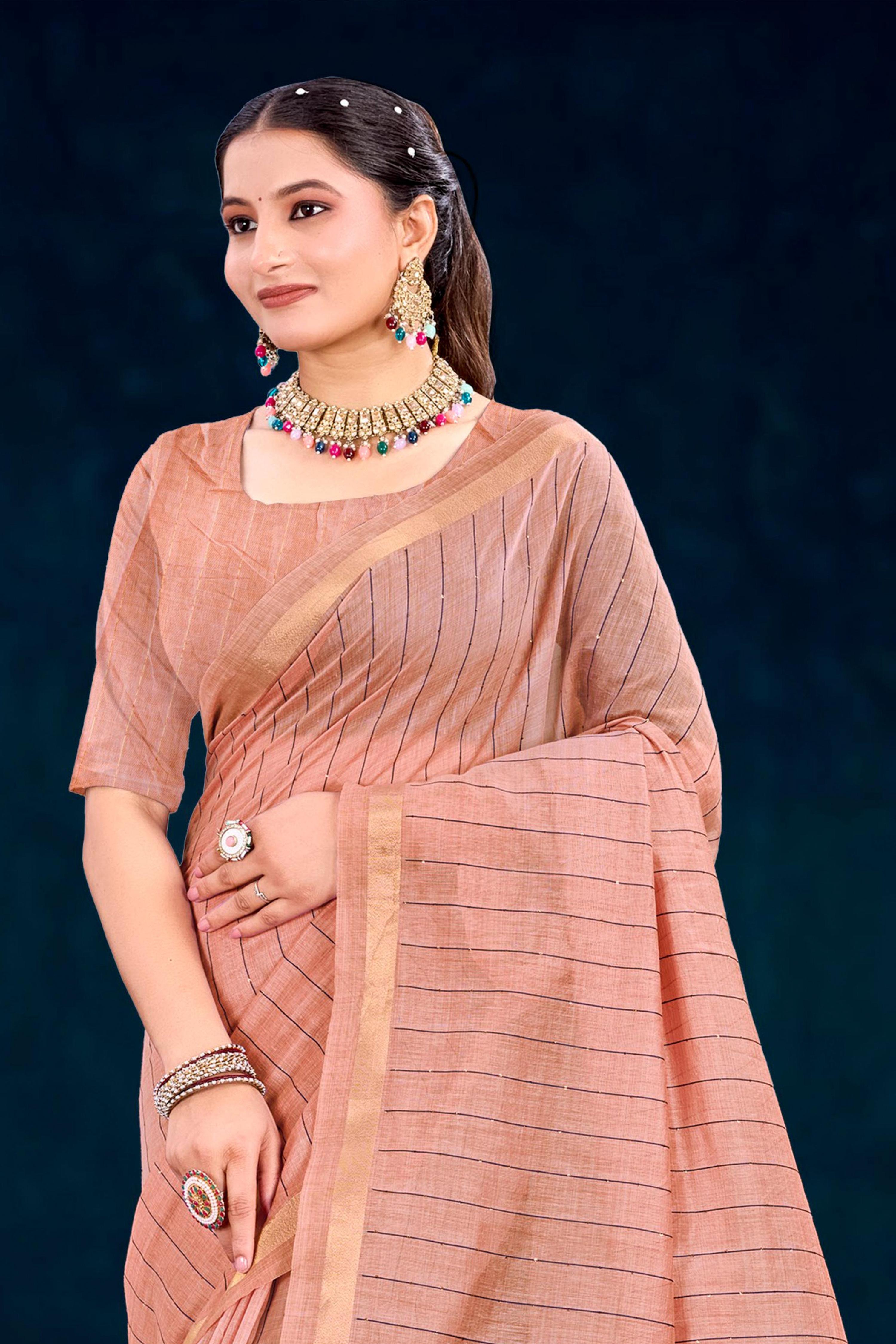 Sangam Prints Rose Peach Cotton Blend Woven Work Traditional Saree - Dista