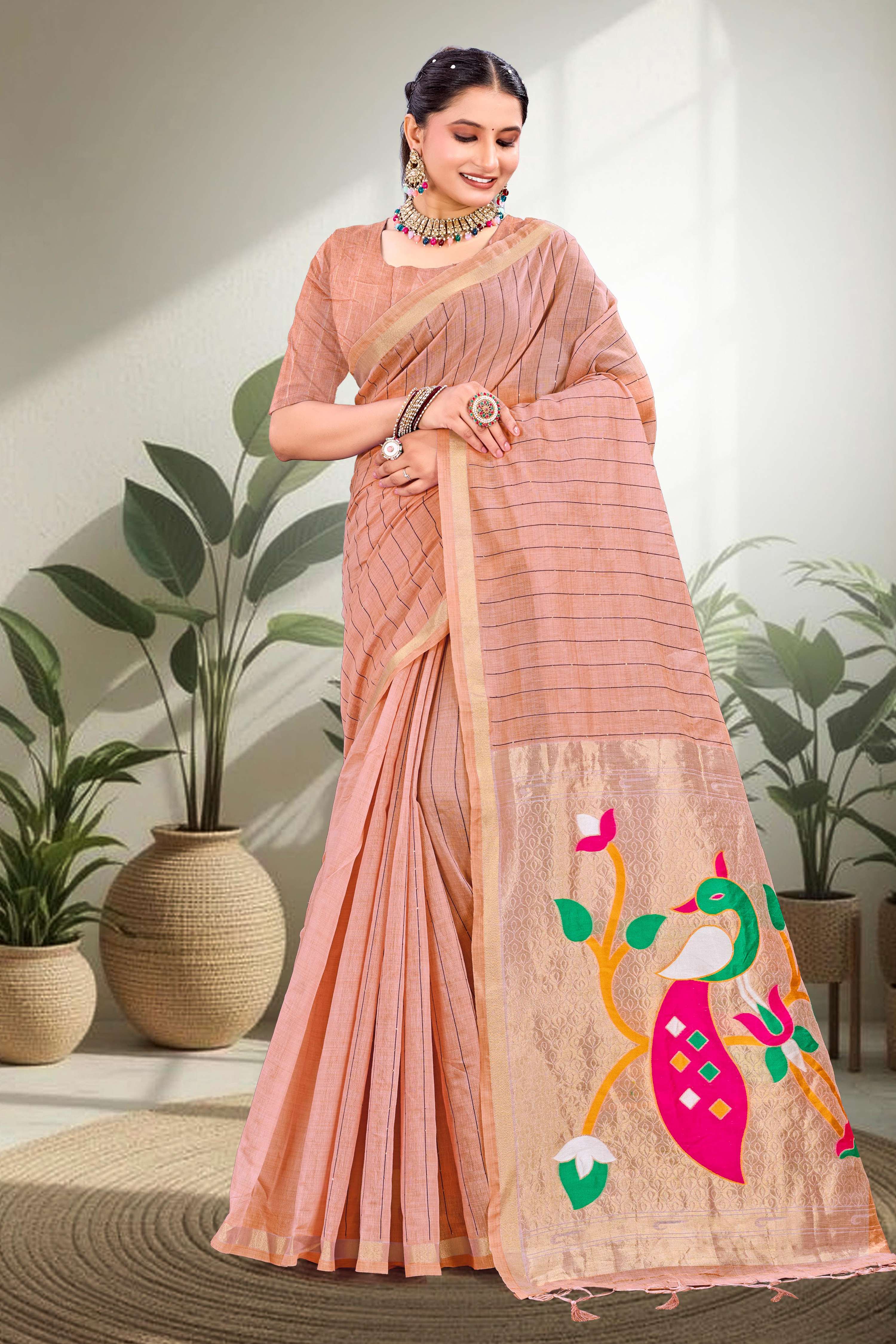 Sangam Prints Coral Peach Cotton Blend Woven Work Traditional Saree - Dista