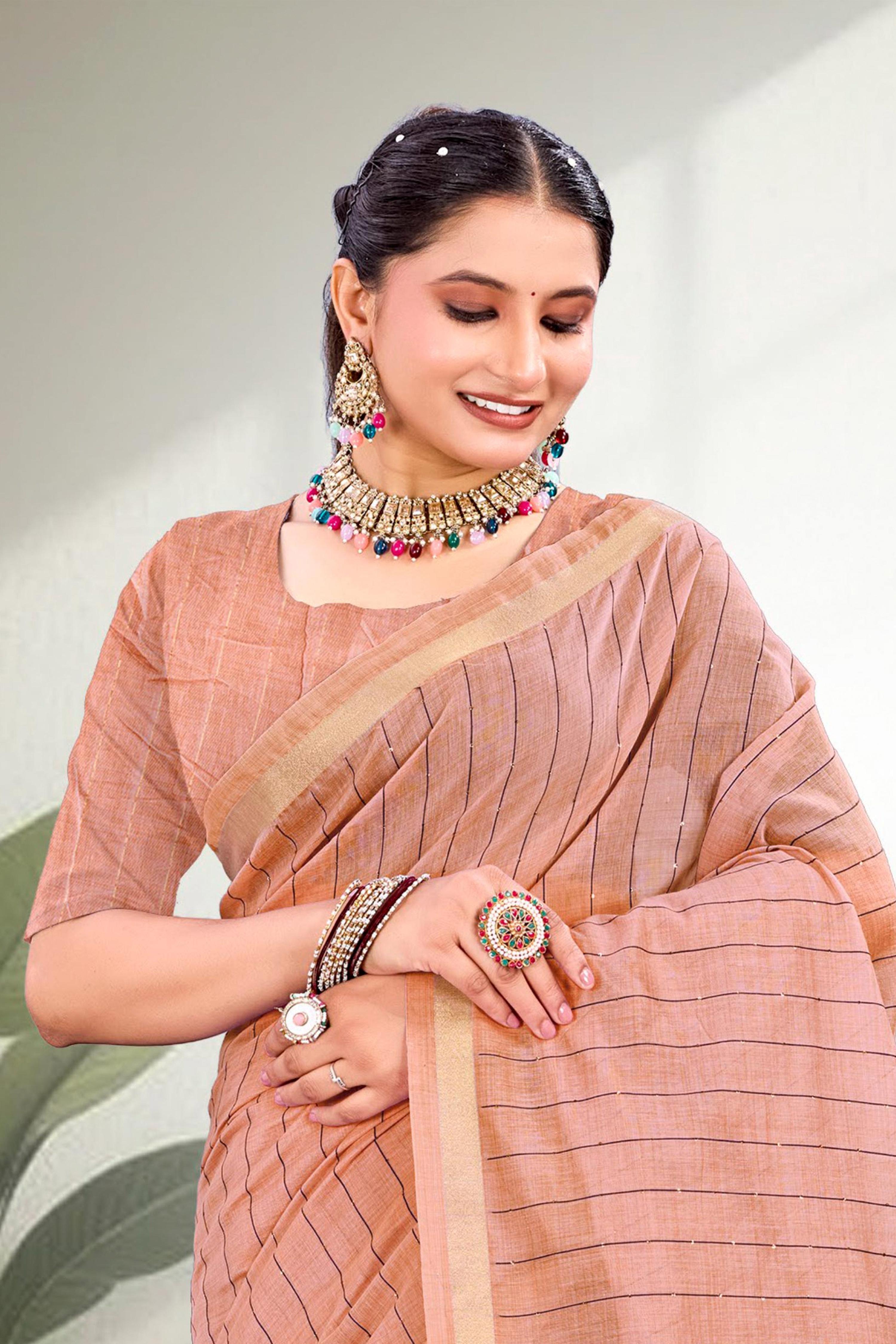 Sangam Prints Coral Peach Cotton Blend Woven Work Traditional Saree - Dista