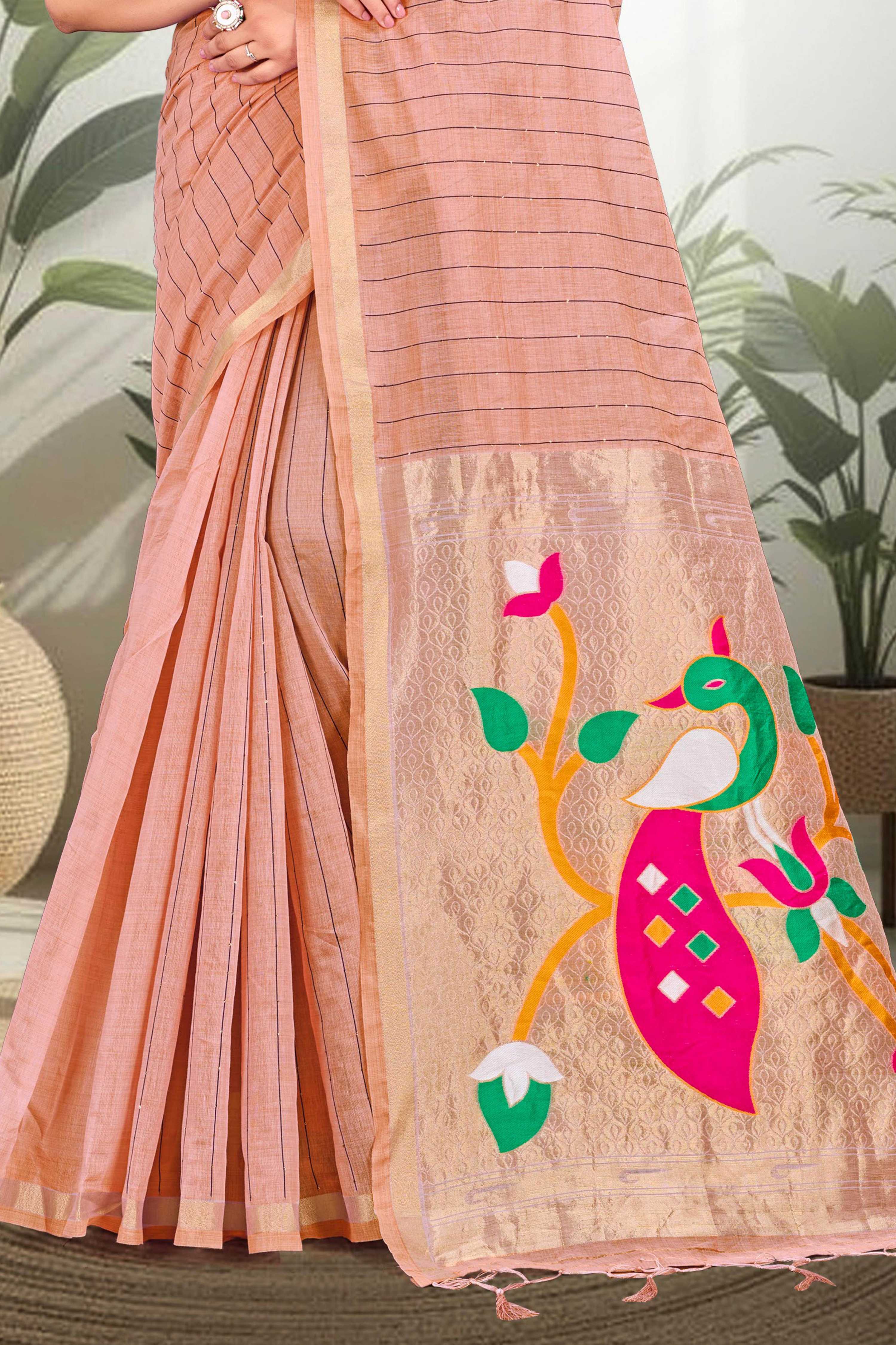 Sangam Prints Coral Peach Cotton Blend Woven Work Traditional Saree - Dista