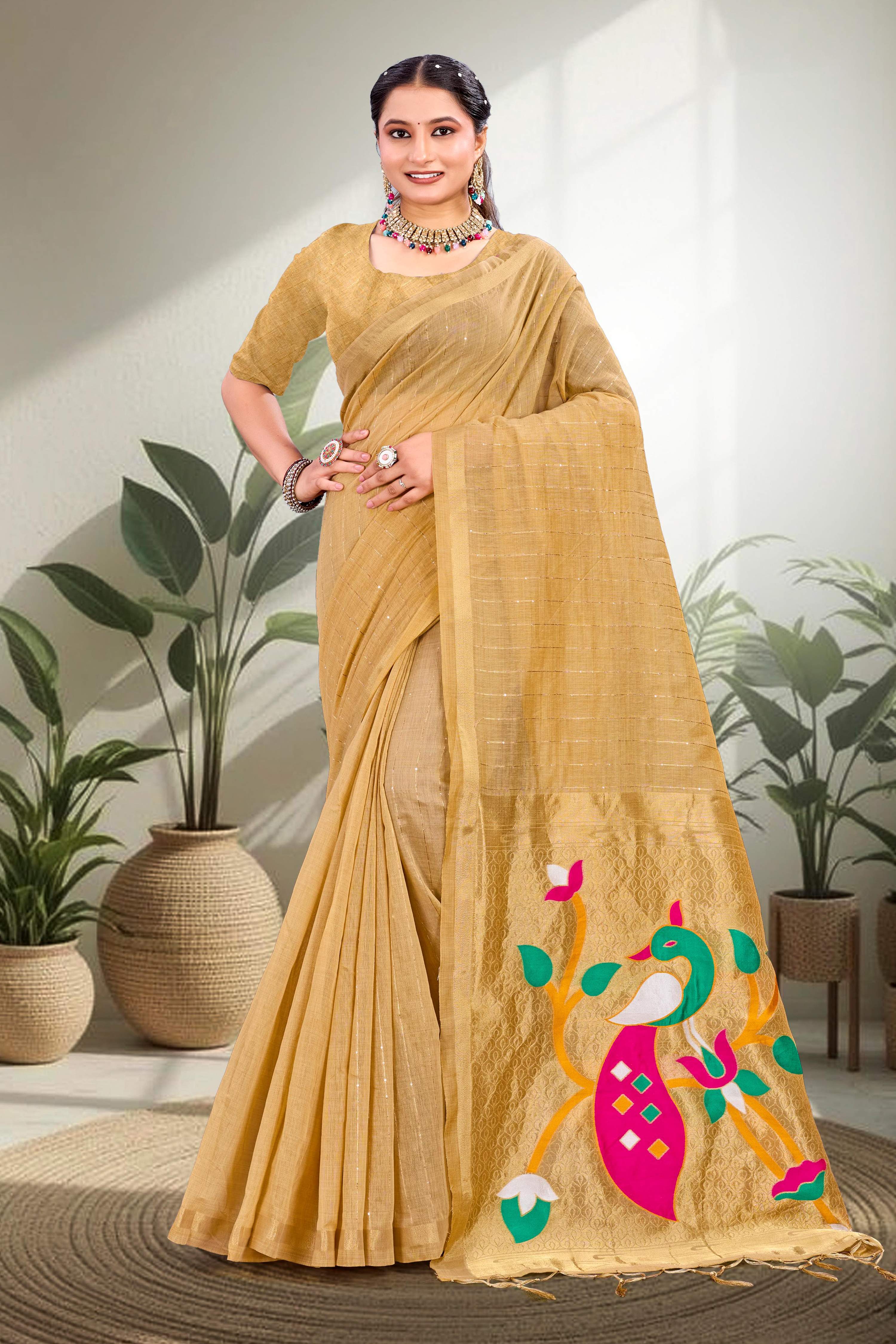 Sangam Prints Mustard Gold Cotton Blend Woven Work Traditional Saree - Dista