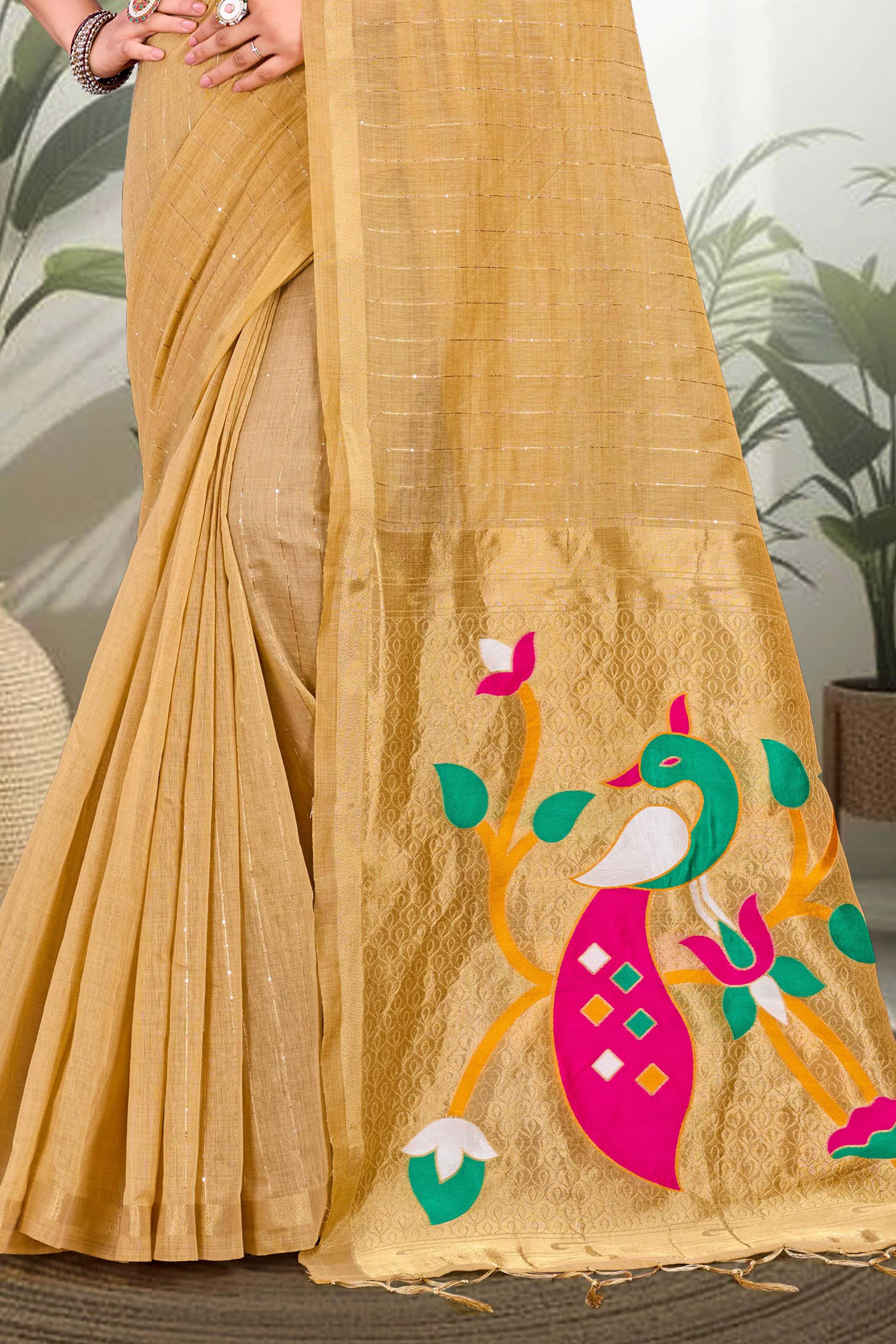 Sangam Prints Mustard Gold Cotton Blend Woven Work Traditional Saree - Dista
