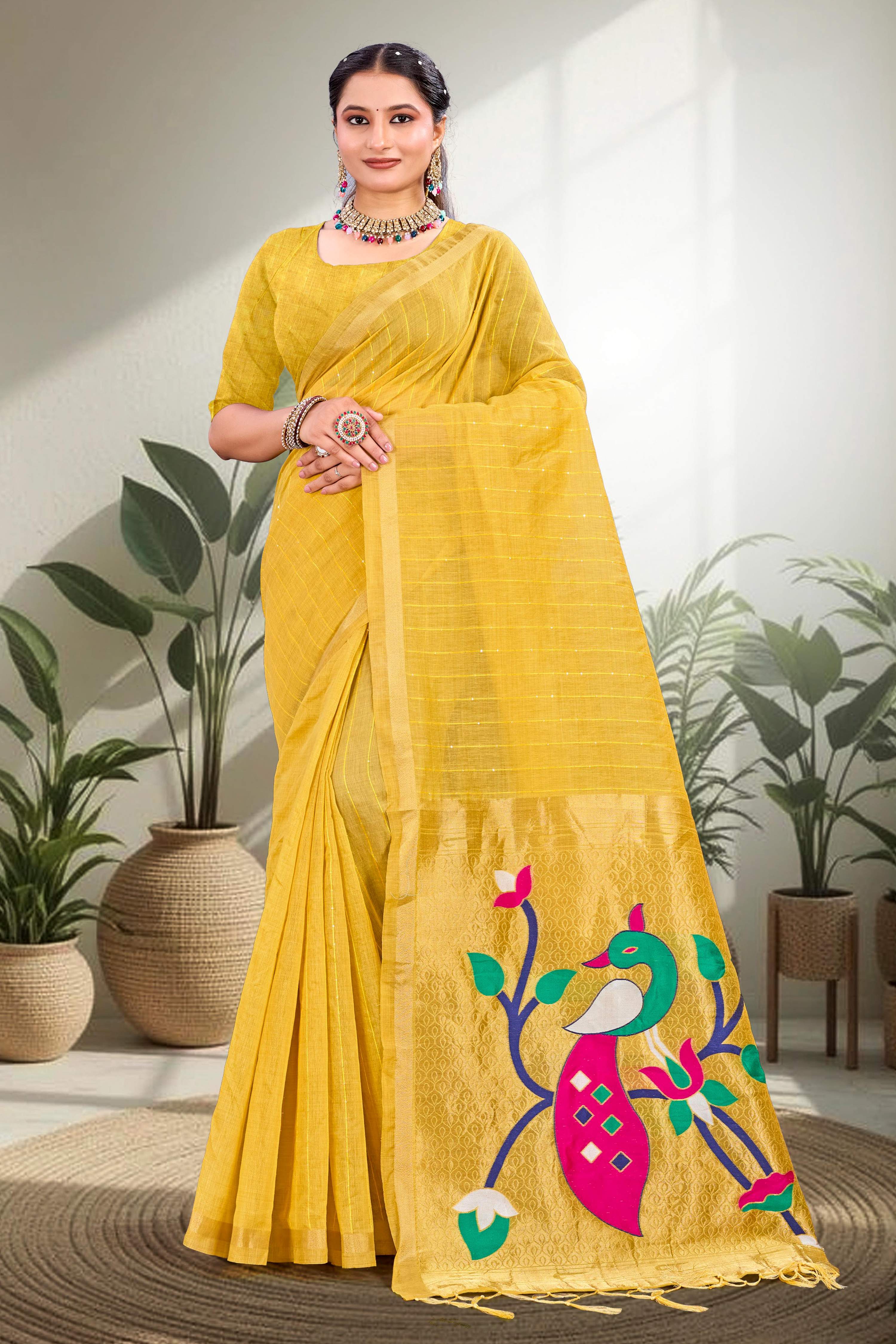 Sangam Prints Mustard Yellow Cotton Blend Woven Work Traditional Saree - Dista