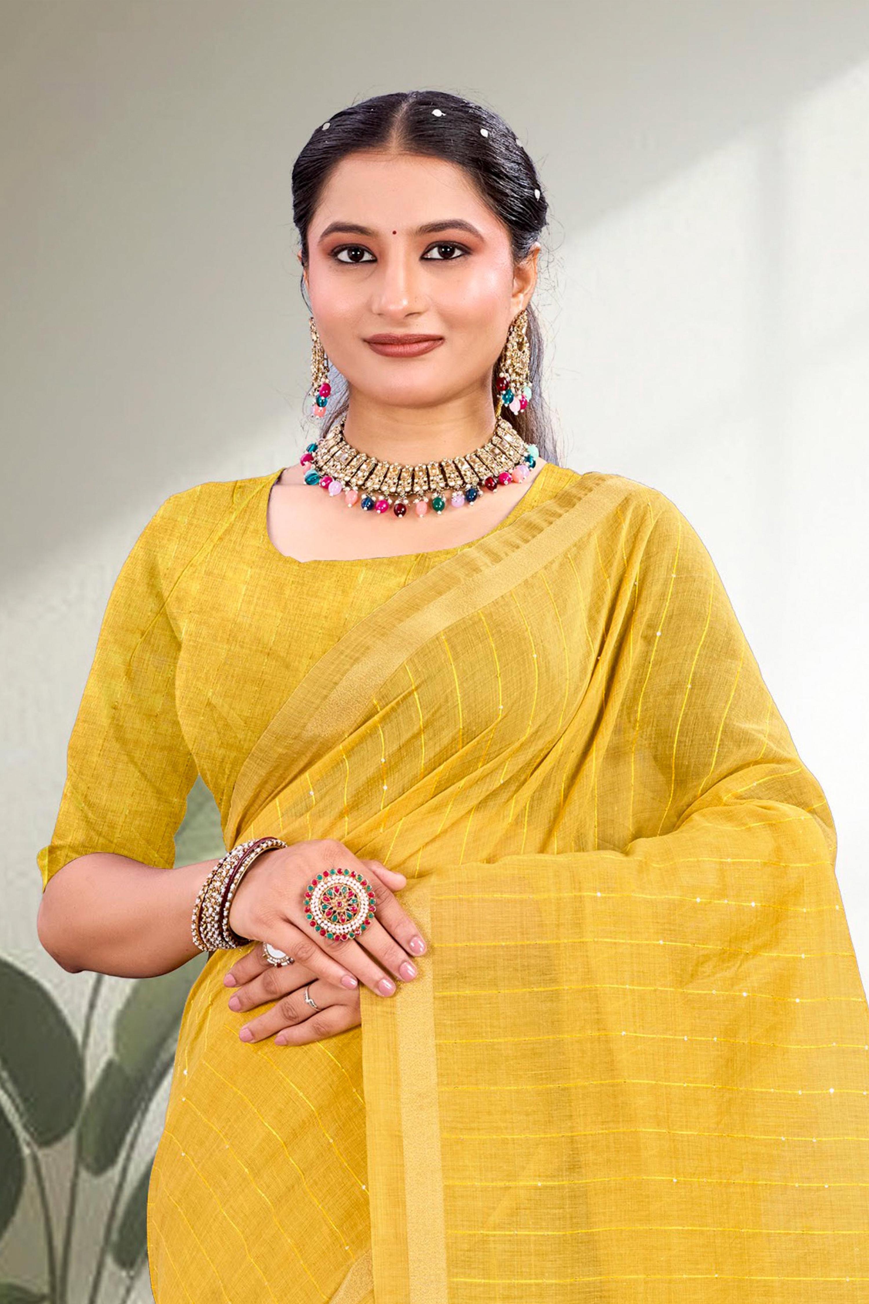 Sangam Prints Mustard Yellow Cotton Blend Woven Work Traditional Saree - Dista