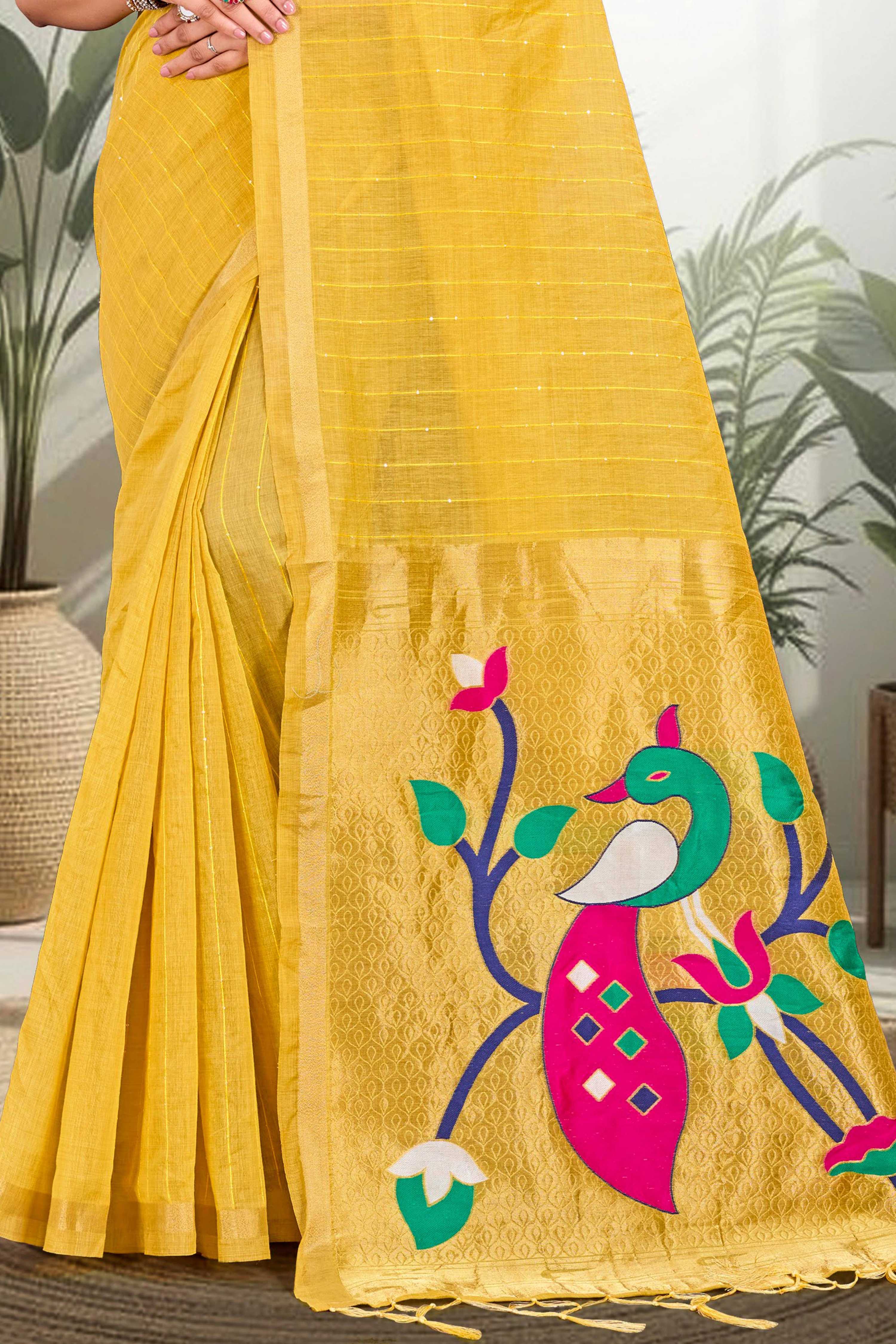 Sangam Prints Mustard Yellow Cotton Blend Woven Work Traditional Saree - Dista