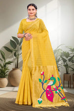 Thumbnail for Sangam Prints Mustard Yellow Cotton Blend Woven Work Traditional Saree - Dista
