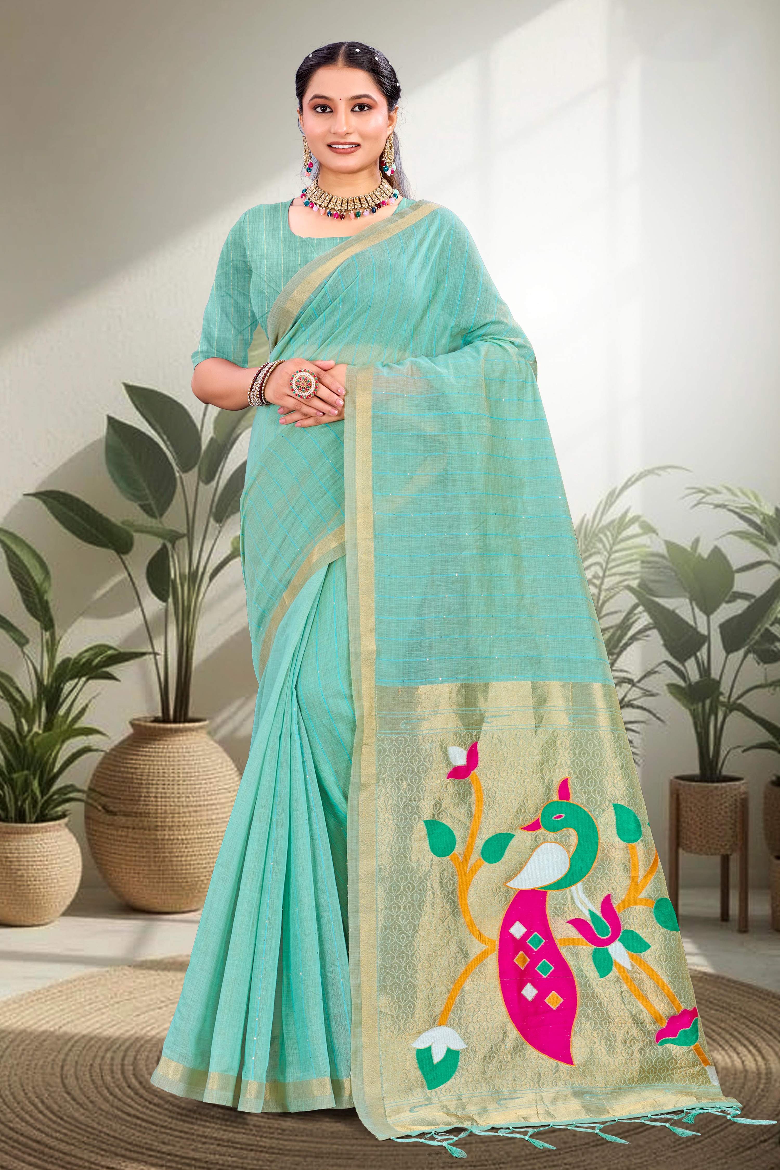 Sangam Prints Aqua Blue Cotton Blend Woven Work Traditional Saree - Dista