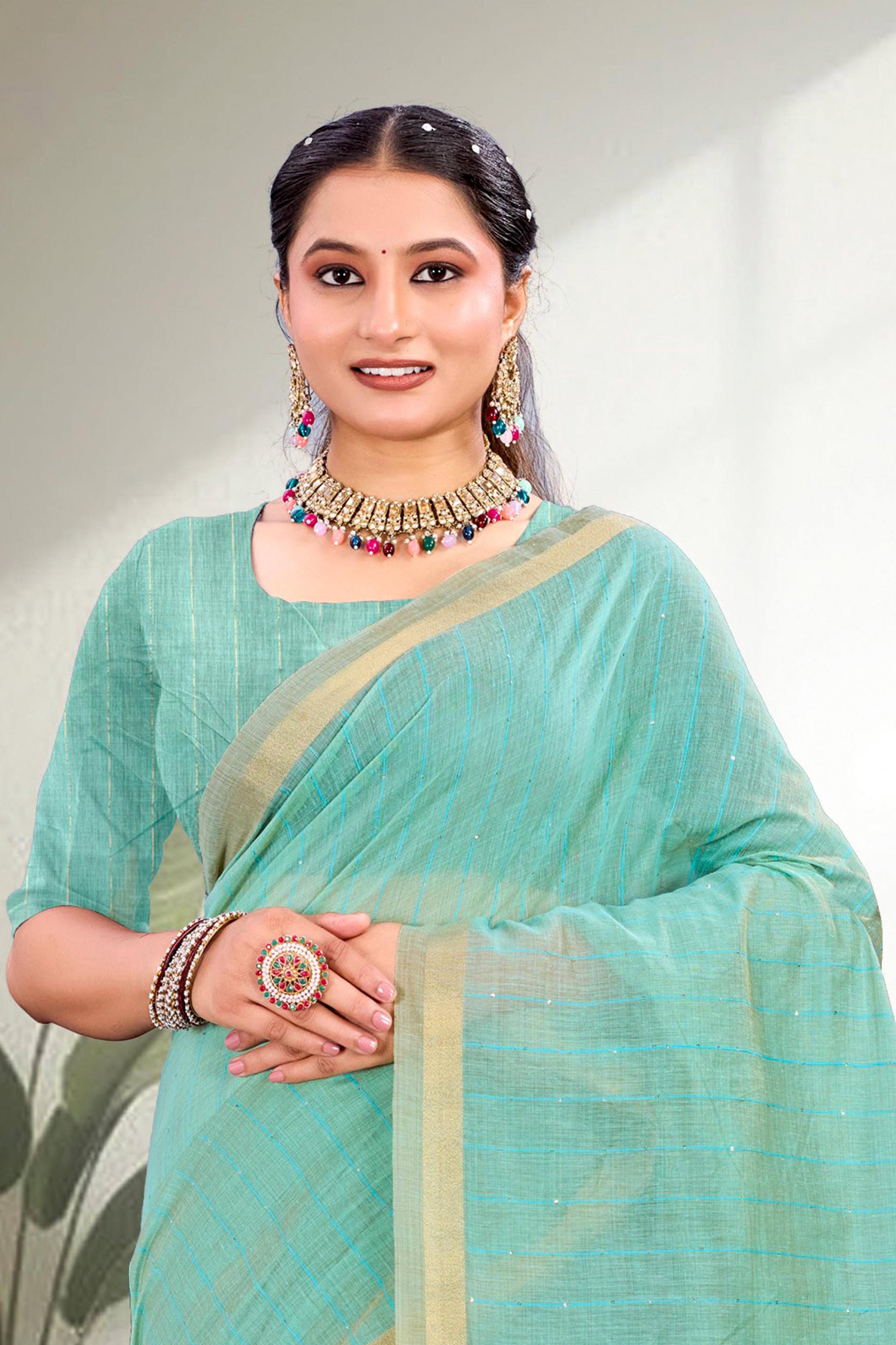 Sangam Prints Aqua Blue Cotton Blend Woven Work Traditional Saree - Dista