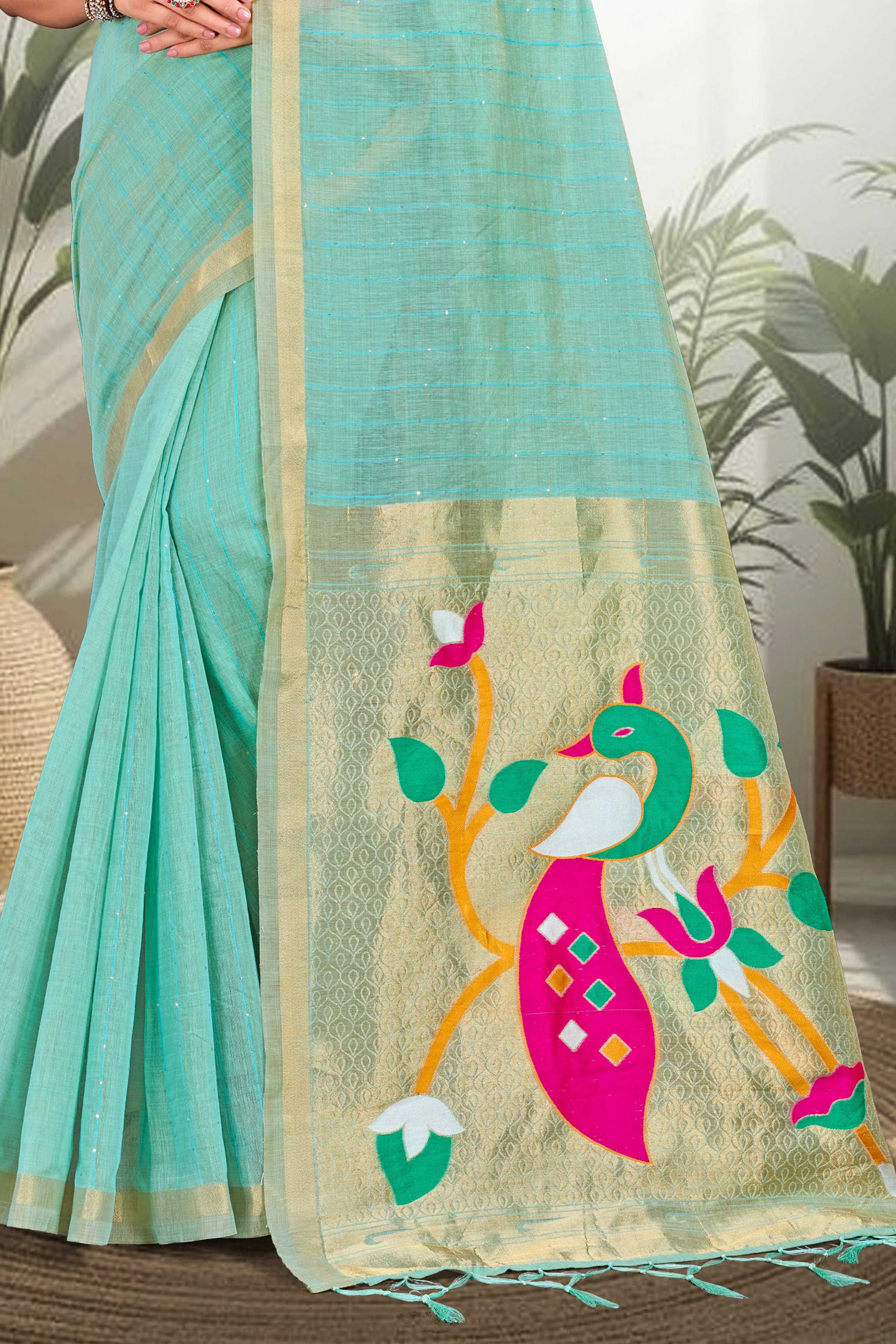 Sangam Prints Aqua Blue Cotton Blend Woven Work Traditional Saree - Dista