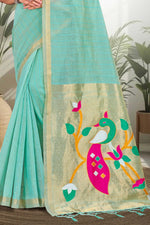 Thumbnail for Sangam Prints Aqua Blue Cotton Blend Woven Work Traditional Saree - Dista
