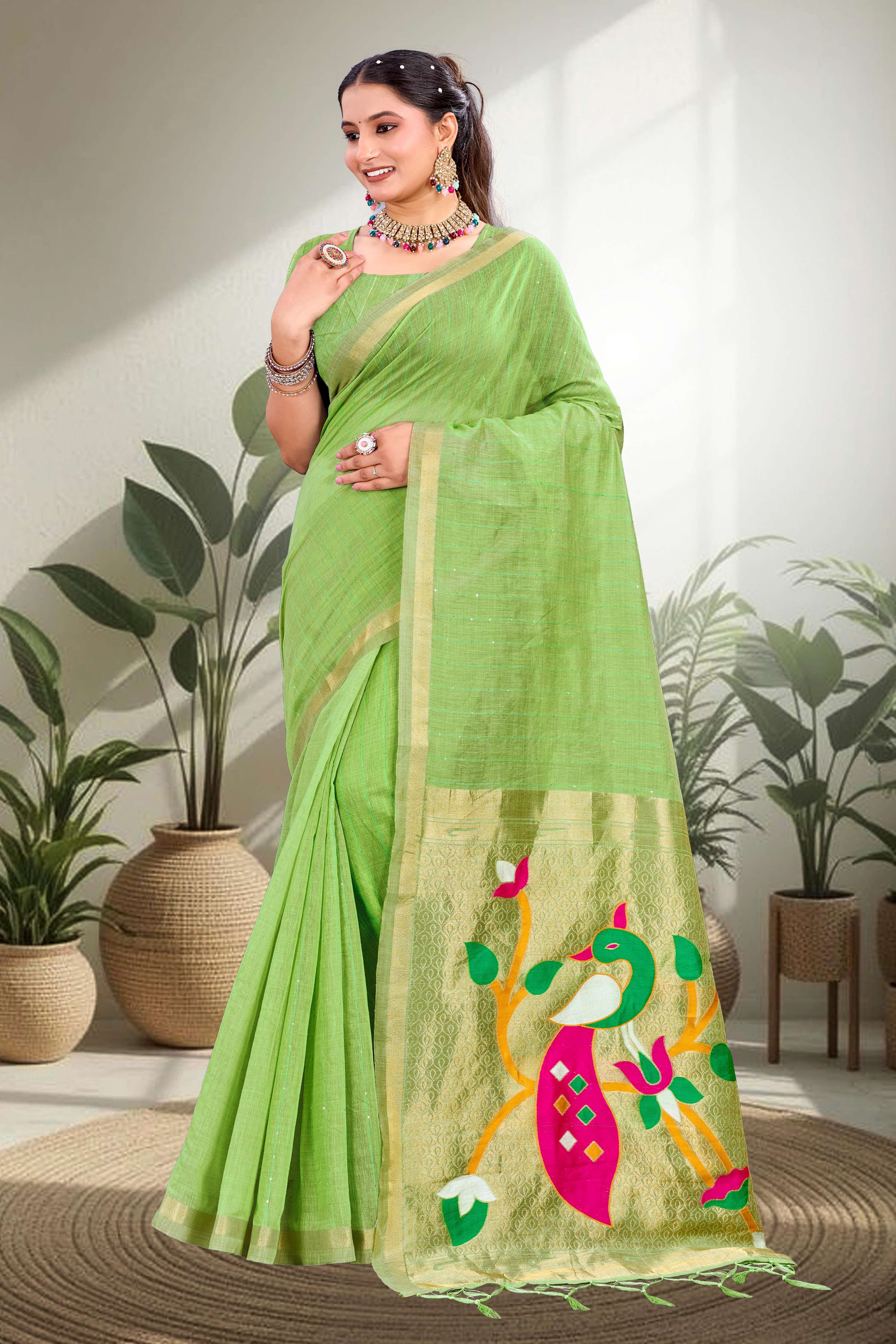 Sangam Prints Parrot Green Cotton Blend Woven Work Traditional Saree - Dista