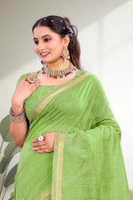 Thumbnail for Sangam Prints Parrot Green Cotton Blend Woven Work Traditional Saree - Dista
