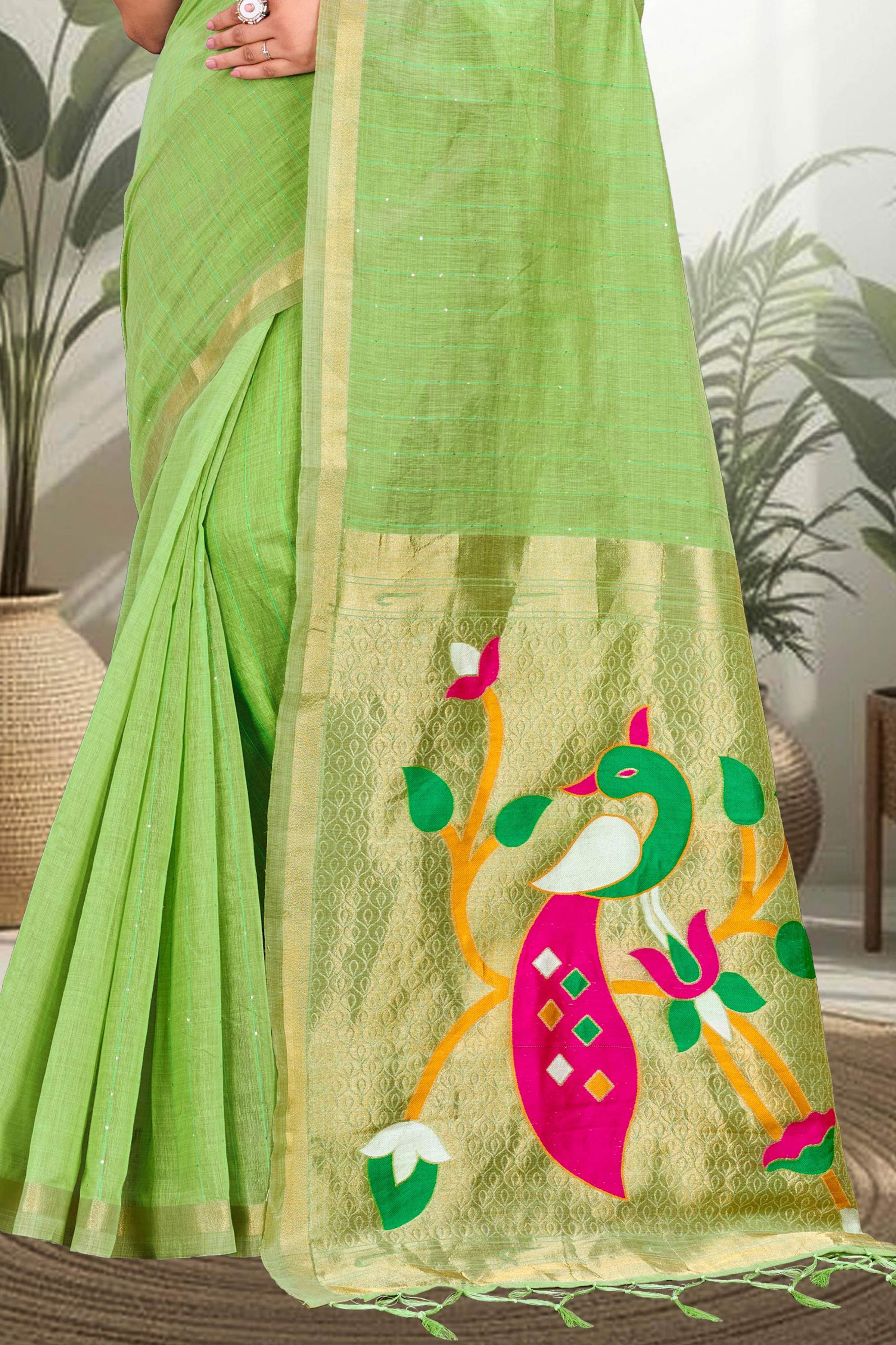 Sangam Prints Parrot Green Cotton Blend Woven Work Traditional Saree - Dista