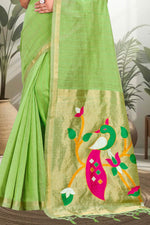 Thumbnail for Sangam Prints Parrot Green Cotton Blend Woven Work Traditional Saree - Dista