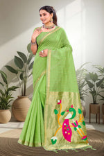 Thumbnail for Sangam Prints Parrot Green Cotton Blend Woven Work Traditional Saree - Dista