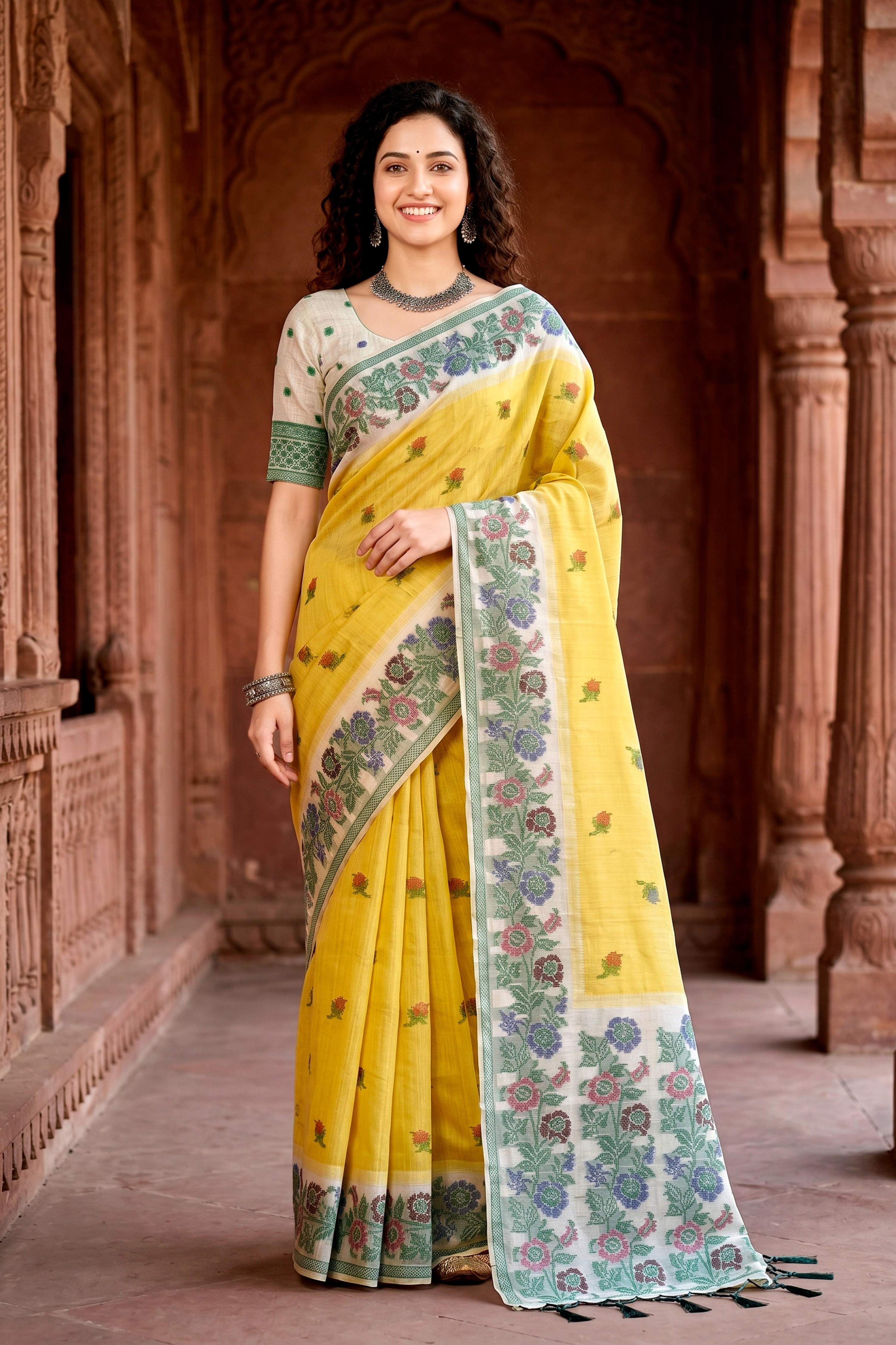 Sangam Prints Haldi Yellow Cotton Blend Woven Work Traditional Saree - Dista
