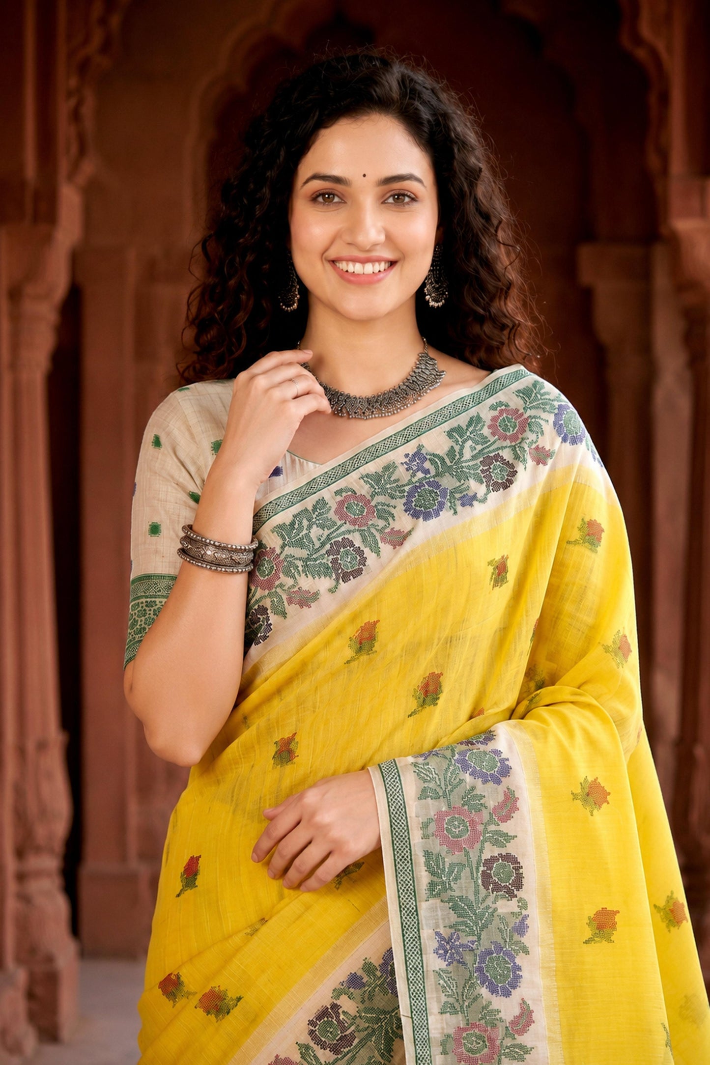 Sangam Prints Haldi Yellow Cotton Blend Woven Work Traditional Saree - Dista