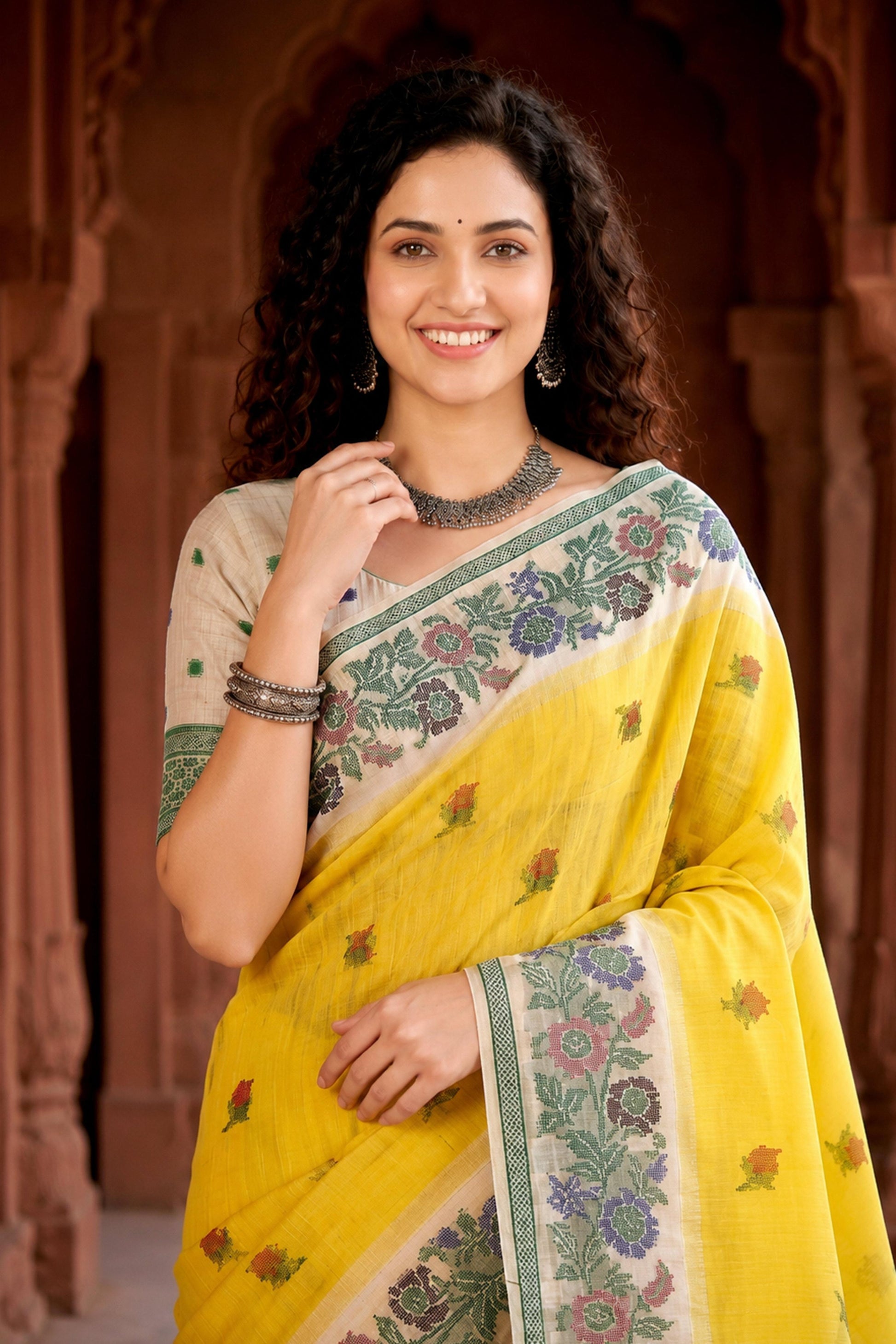 Sangam Prints Haldi Yellow Cotton Blend Woven Work Traditional Saree - Dista