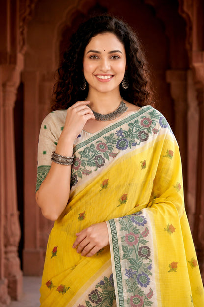Sangam Prints Haldi Yellow Cotton Blend Woven Work Traditional Saree - Dista