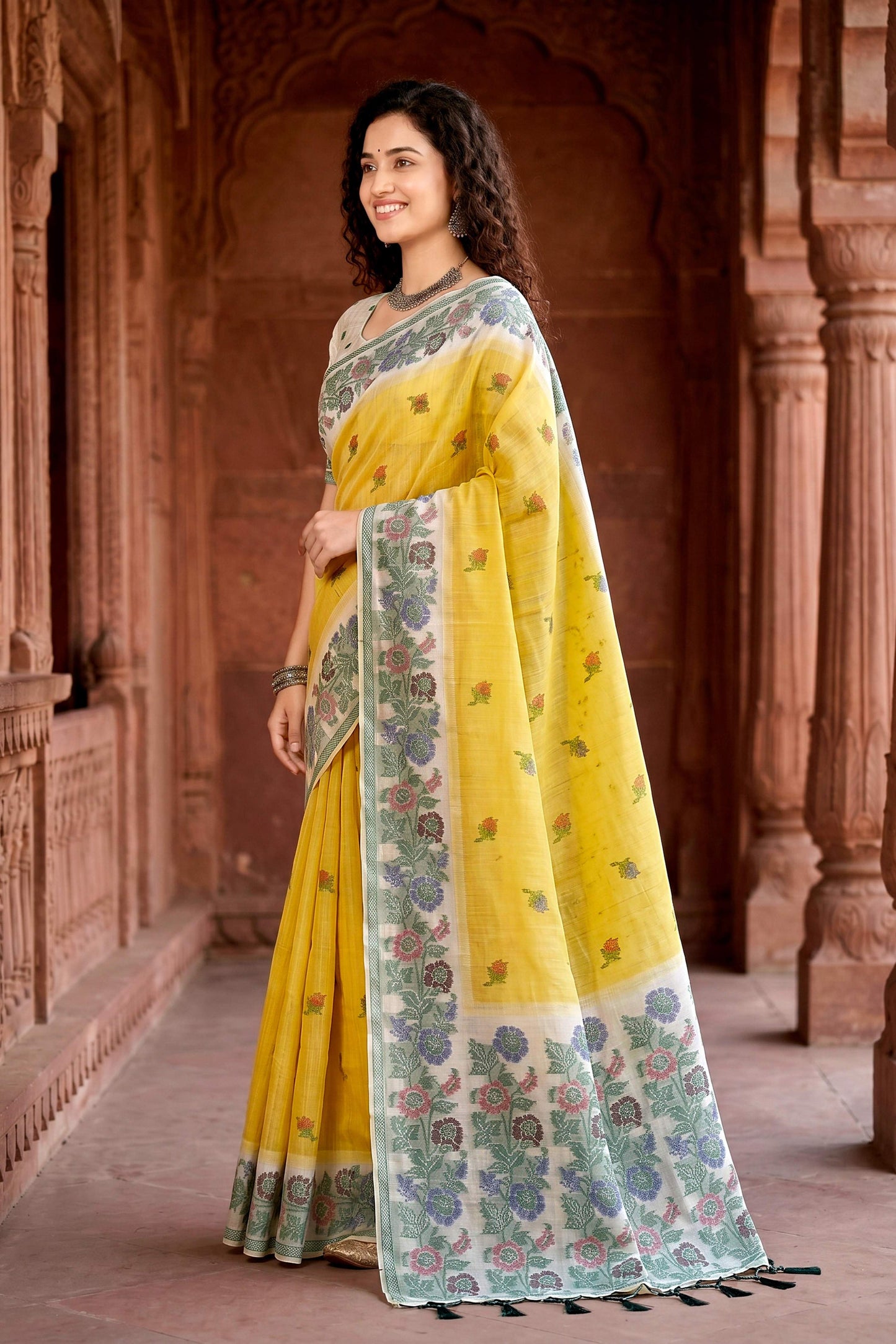 Sangam Prints Haldi Yellow Cotton Blend Woven Work Traditional Saree - Dista