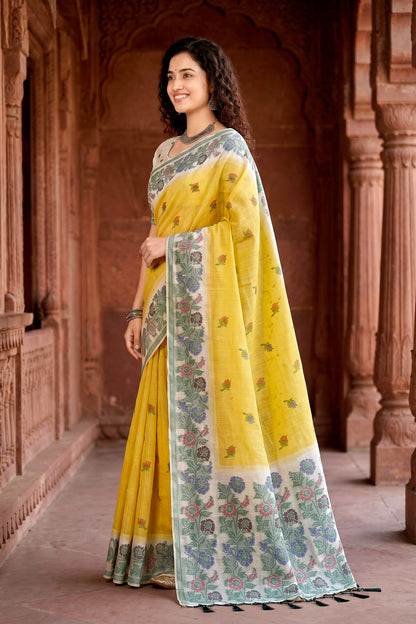 Sangam Prints Haldi Yellow Cotton Blend Woven Work Traditional Saree - Dista