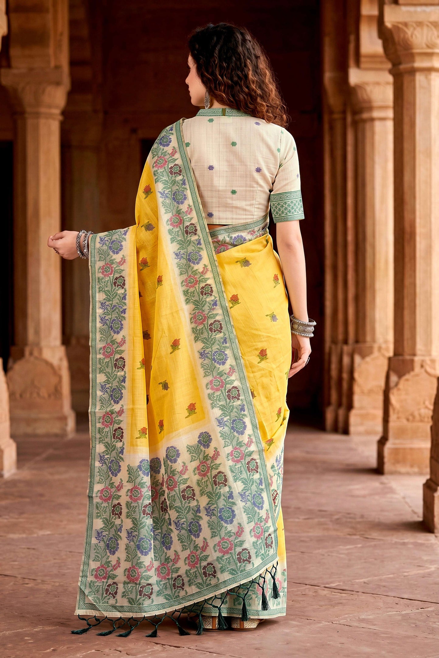 Sangam Prints Haldi Yellow Cotton Blend Woven Work Traditional Saree - Dista