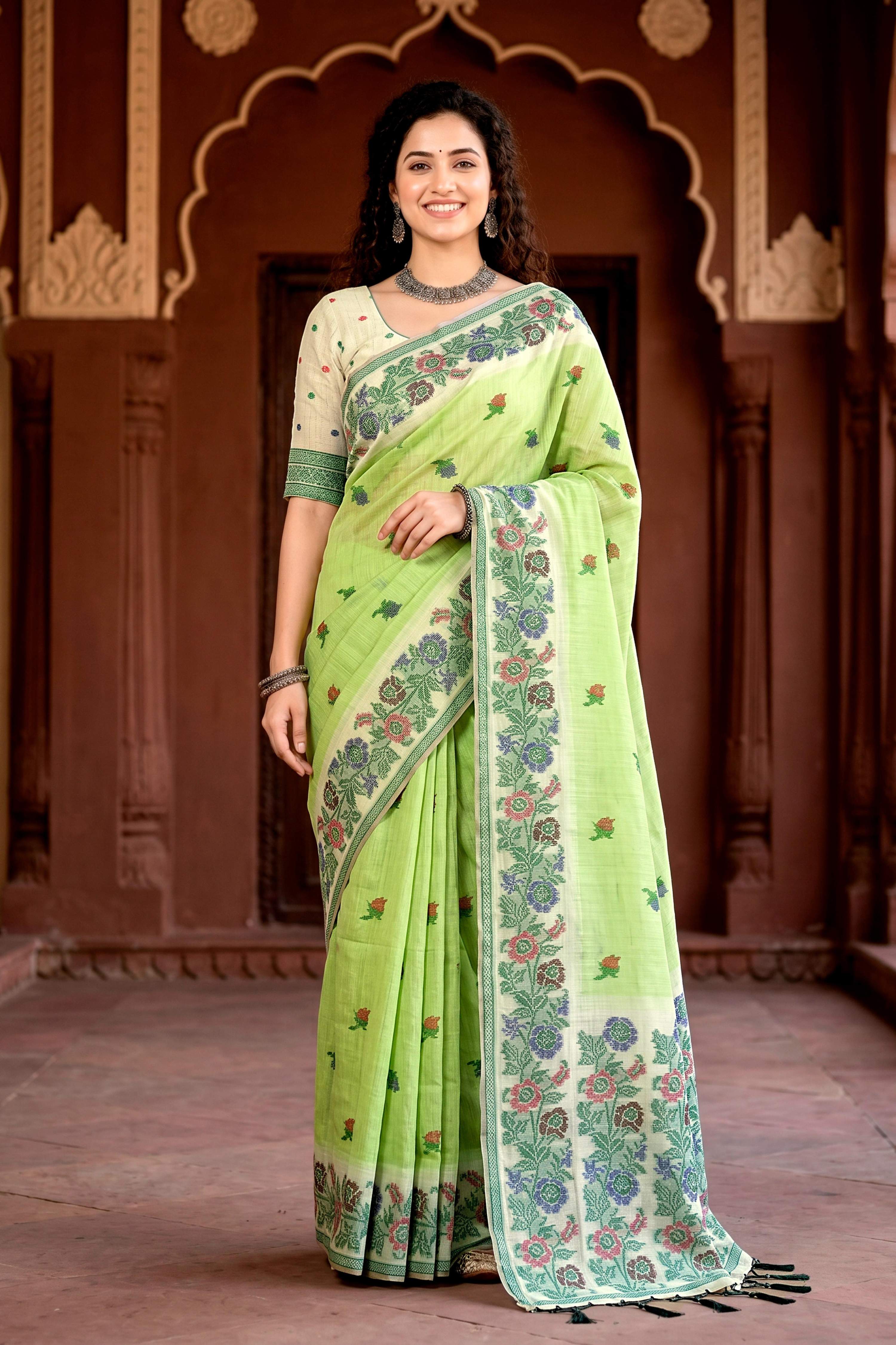Sangam Prints Pista Green Cotton Blend Woven Work Traditional Saree - Dista