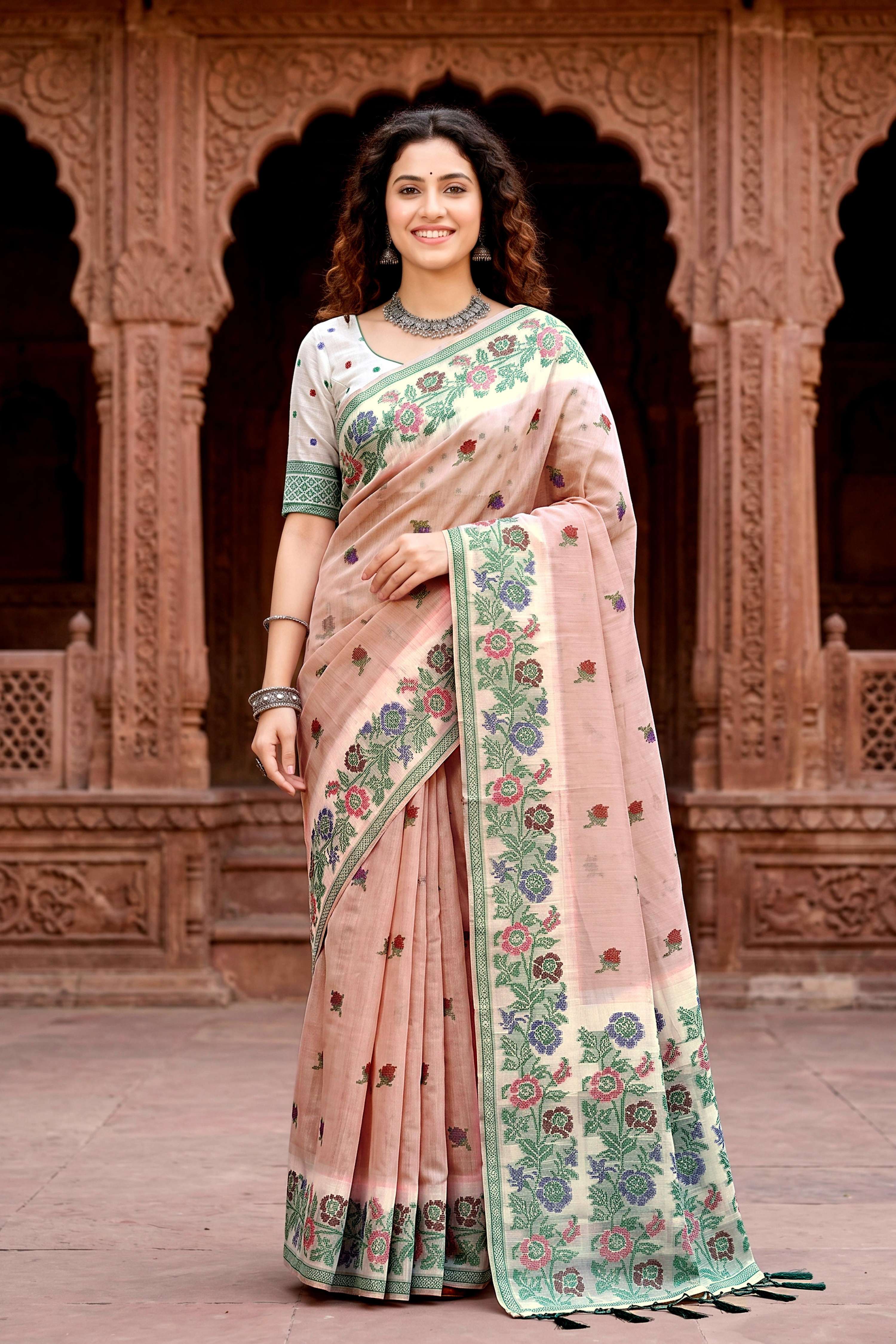 Sangam Prints Dusty Peach Cotton Blend Woven Work Traditional Saree - Dista