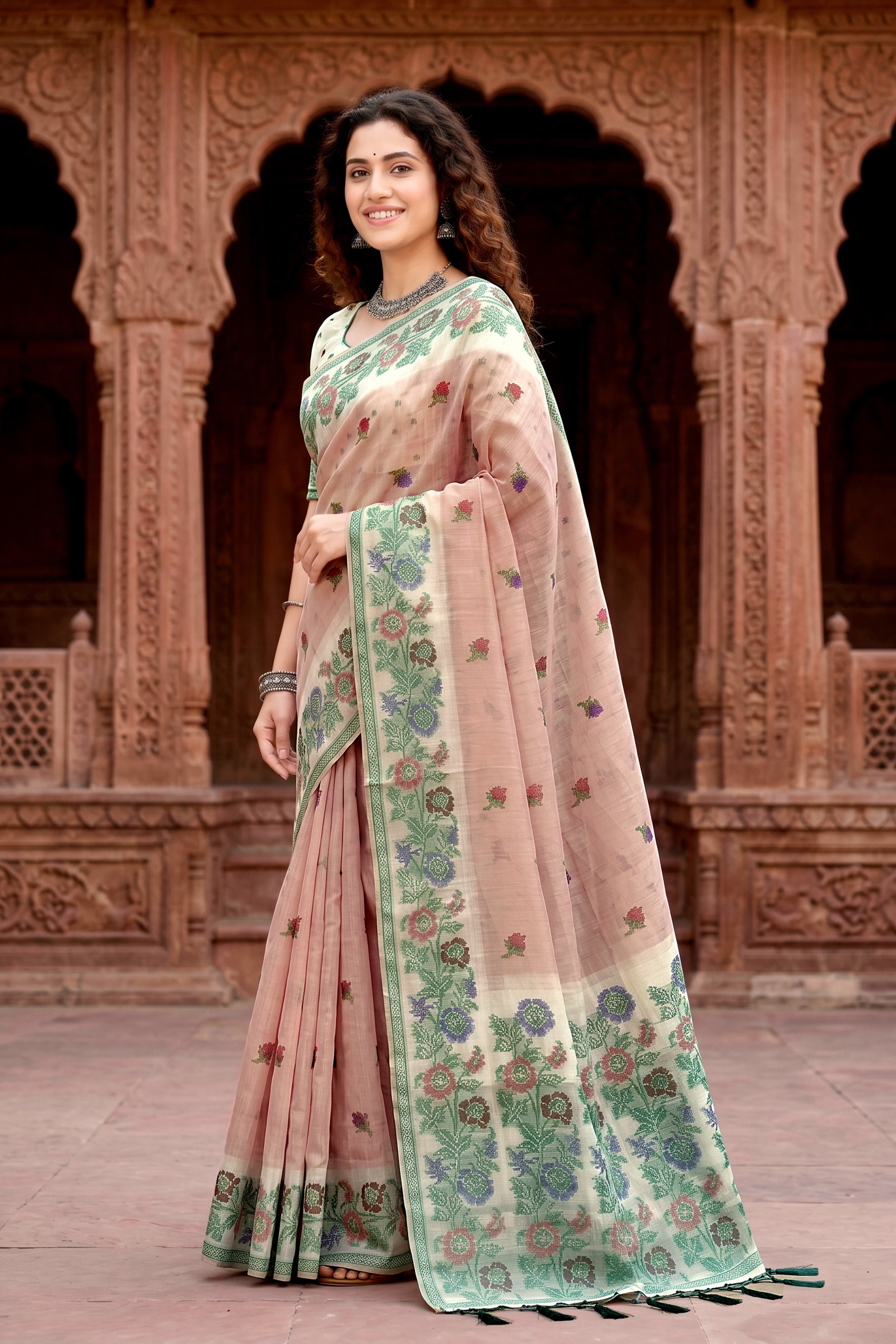 Sangam Prints Dusty Peach Cotton Blend Woven Work Traditional Saree - Dista