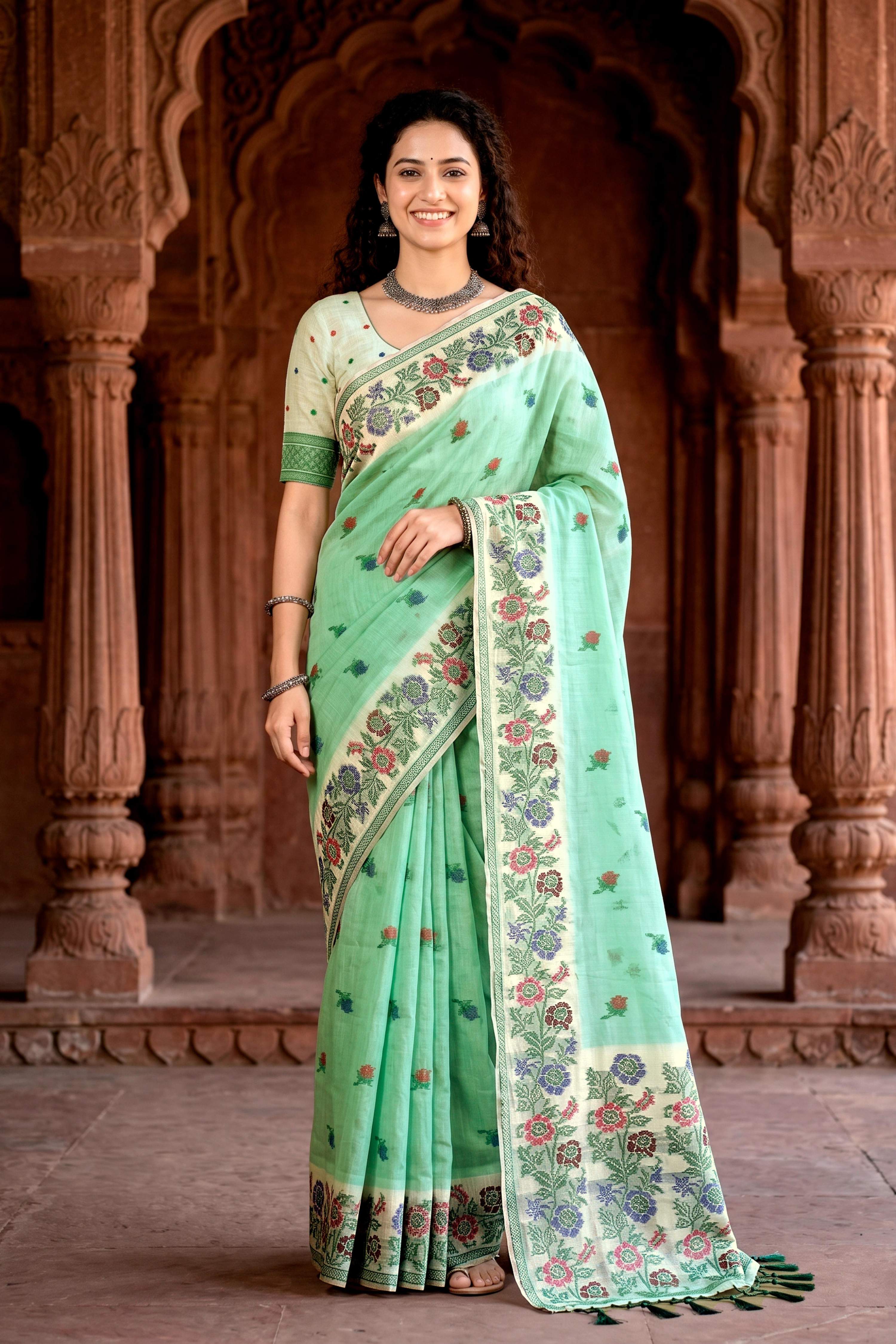 Sangam Prints Mint Green Cotton Blend Woven Work Traditional Saree - Dista