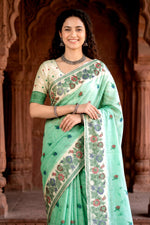 Thumbnail for Sangam Prints Mint Green Cotton Blend Woven Work Traditional Saree - Dista