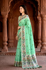 Thumbnail for Sangam Prints Mint Green Cotton Blend Woven Work Traditional Saree - Dista