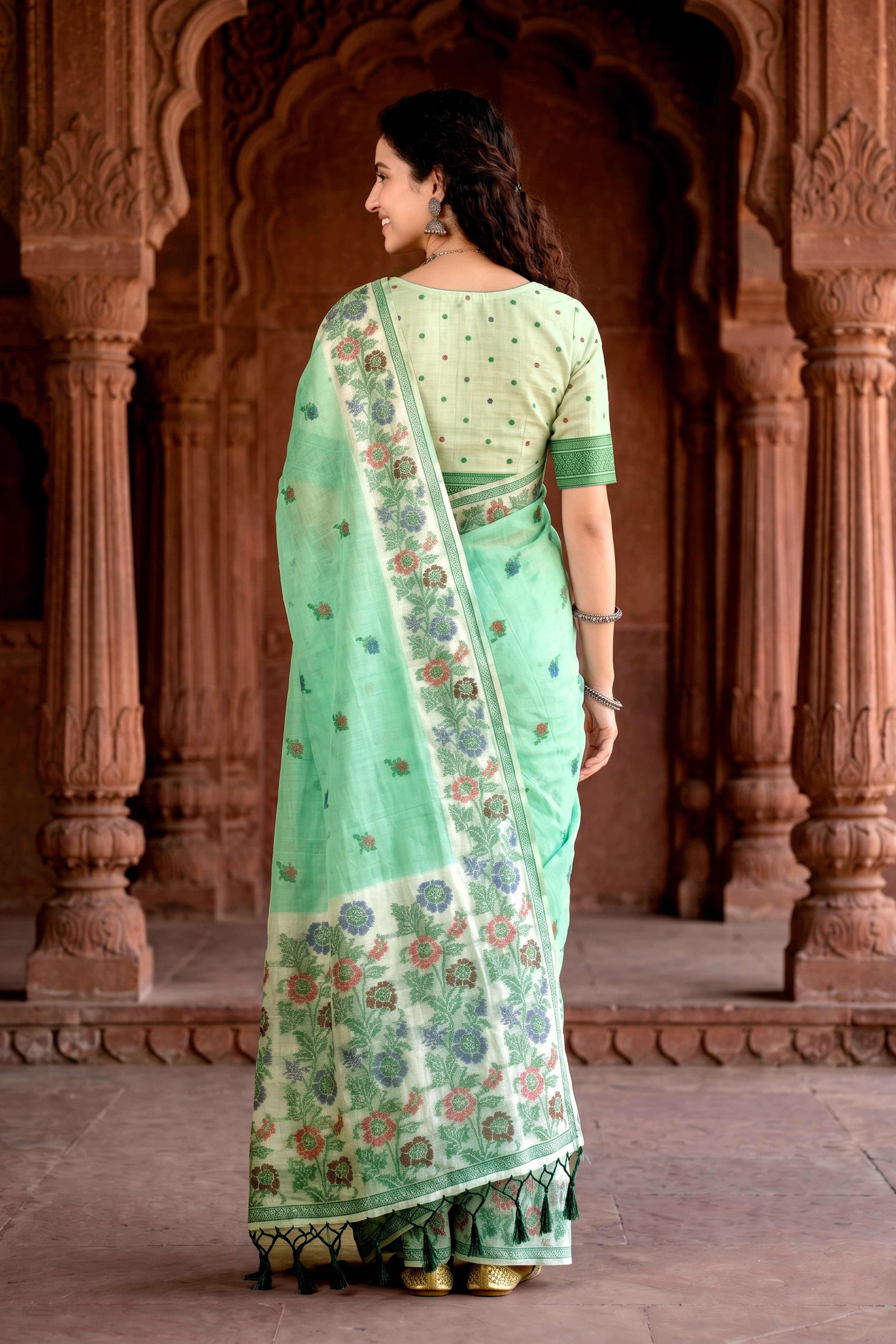 Sangam Prints Mint Green Cotton Blend Woven Work Traditional Saree - Dista
