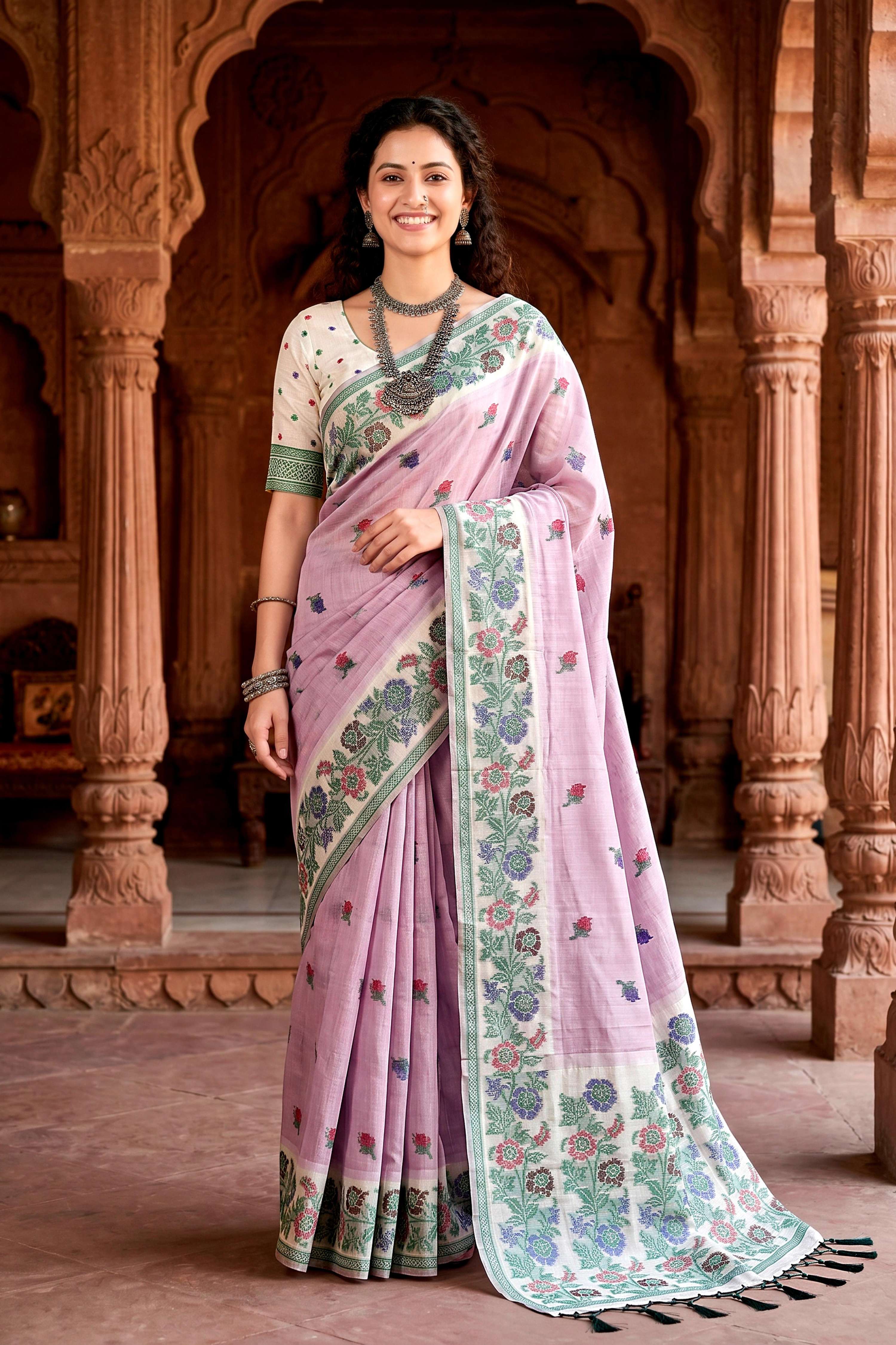 Sangam Prints Lavender Cotton Blend Woven Work Traditional Saree - Dista