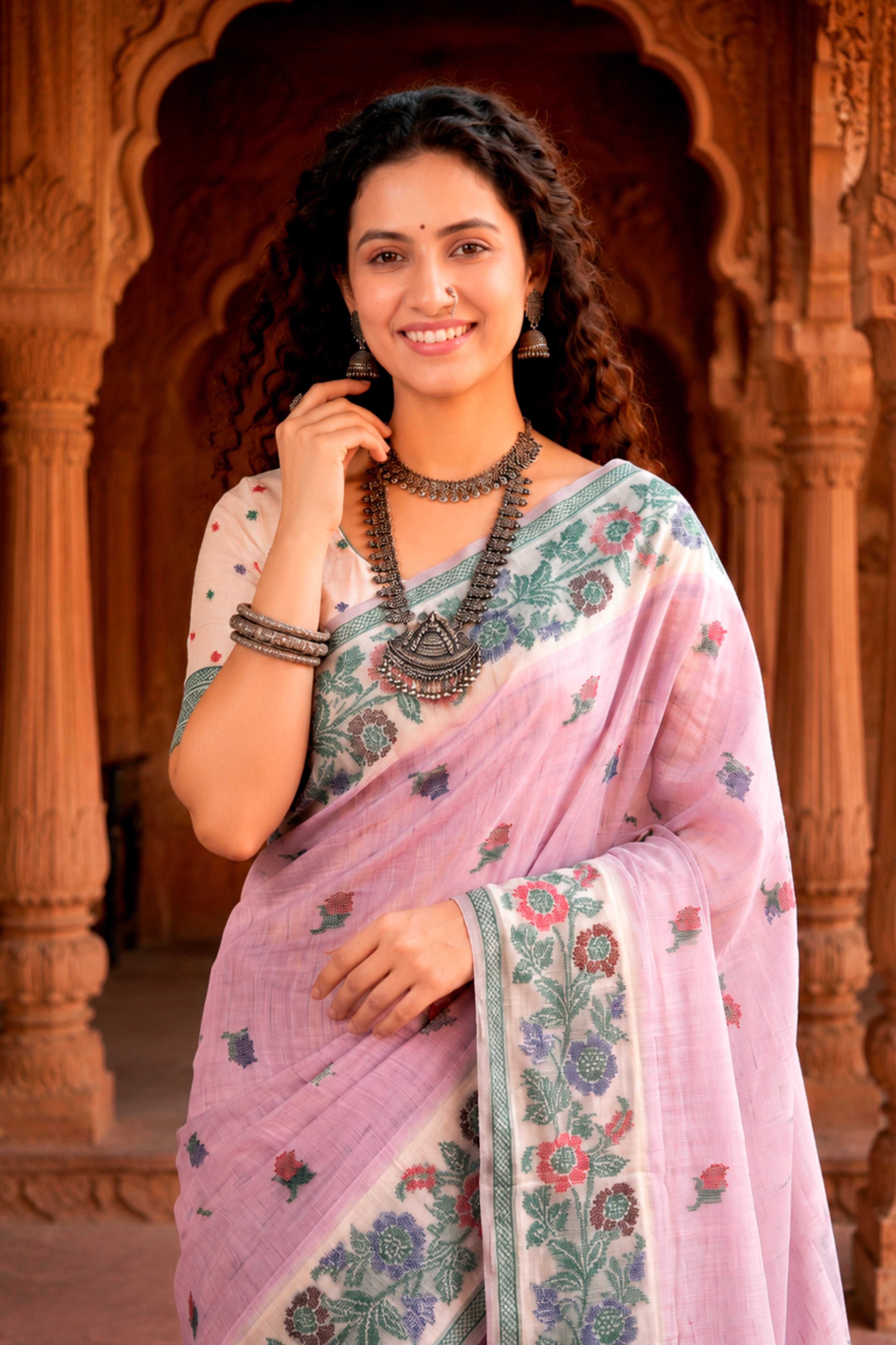 Sangam Prints Lavender Cotton Blend Woven Work Traditional Saree - Dista