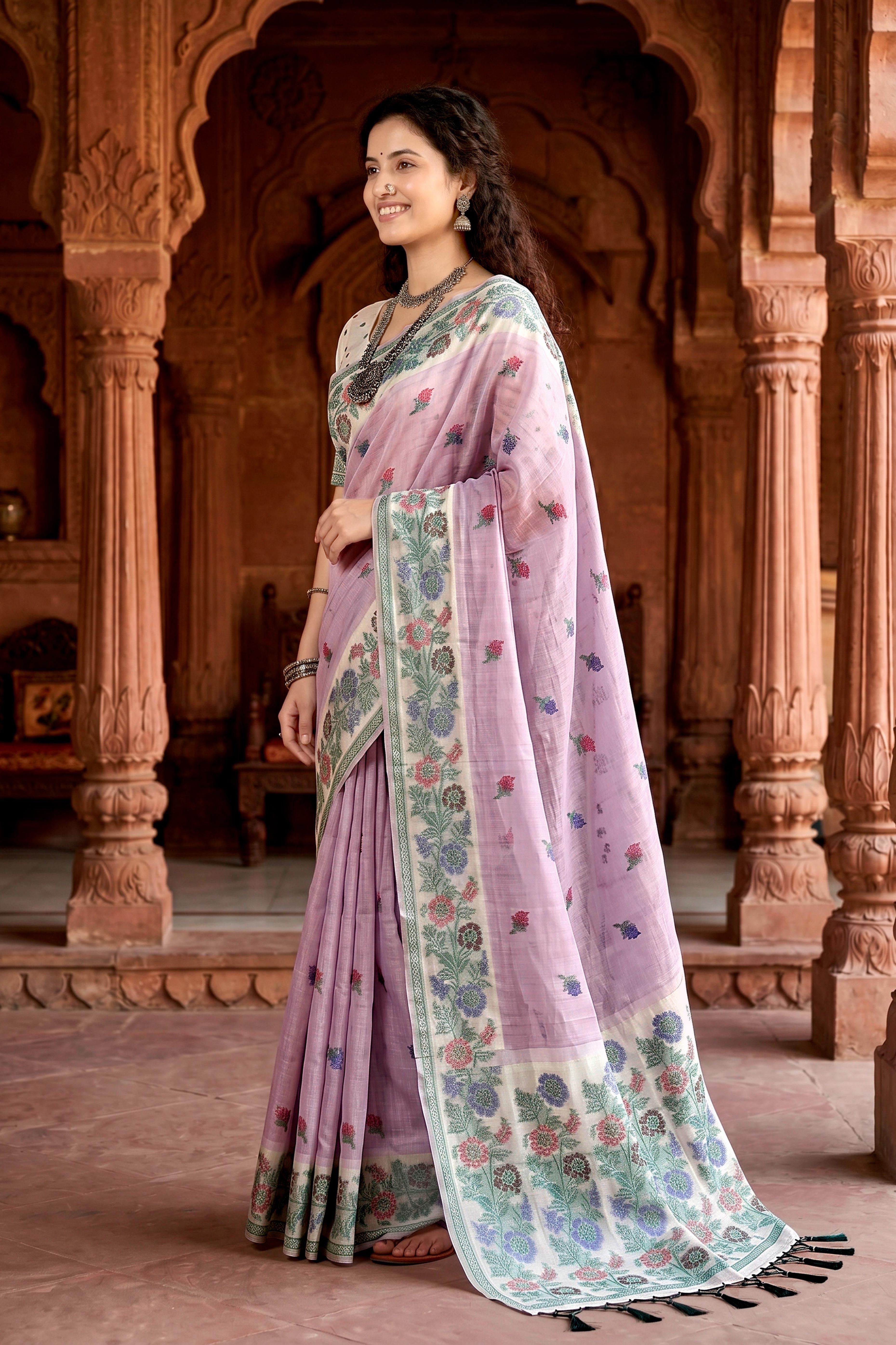 Sangam Prints Lavender Cotton Blend Woven Work Traditional Saree - Dista
