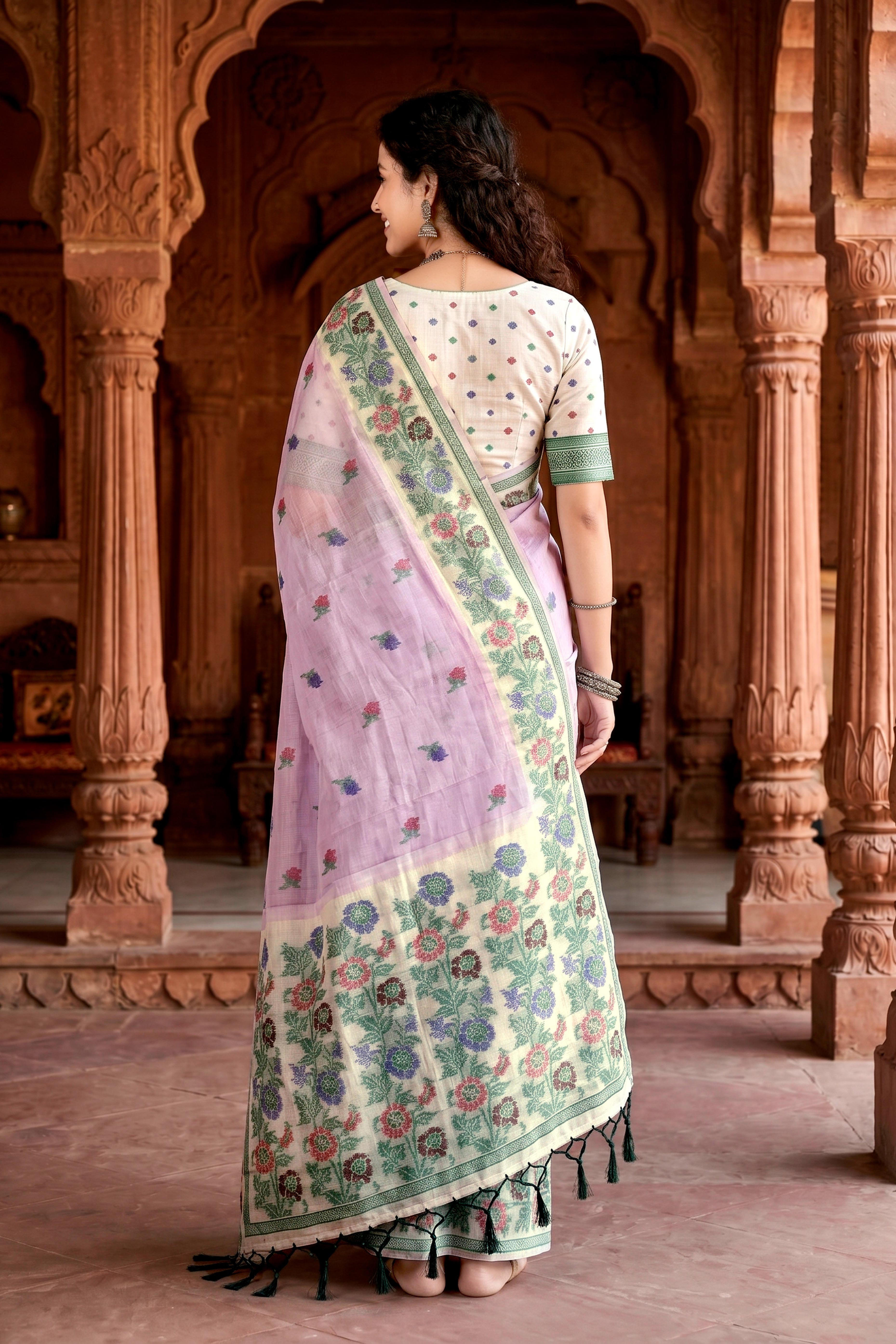 Sangam Prints Lavender Cotton Blend Woven Work Traditional Saree - Dista