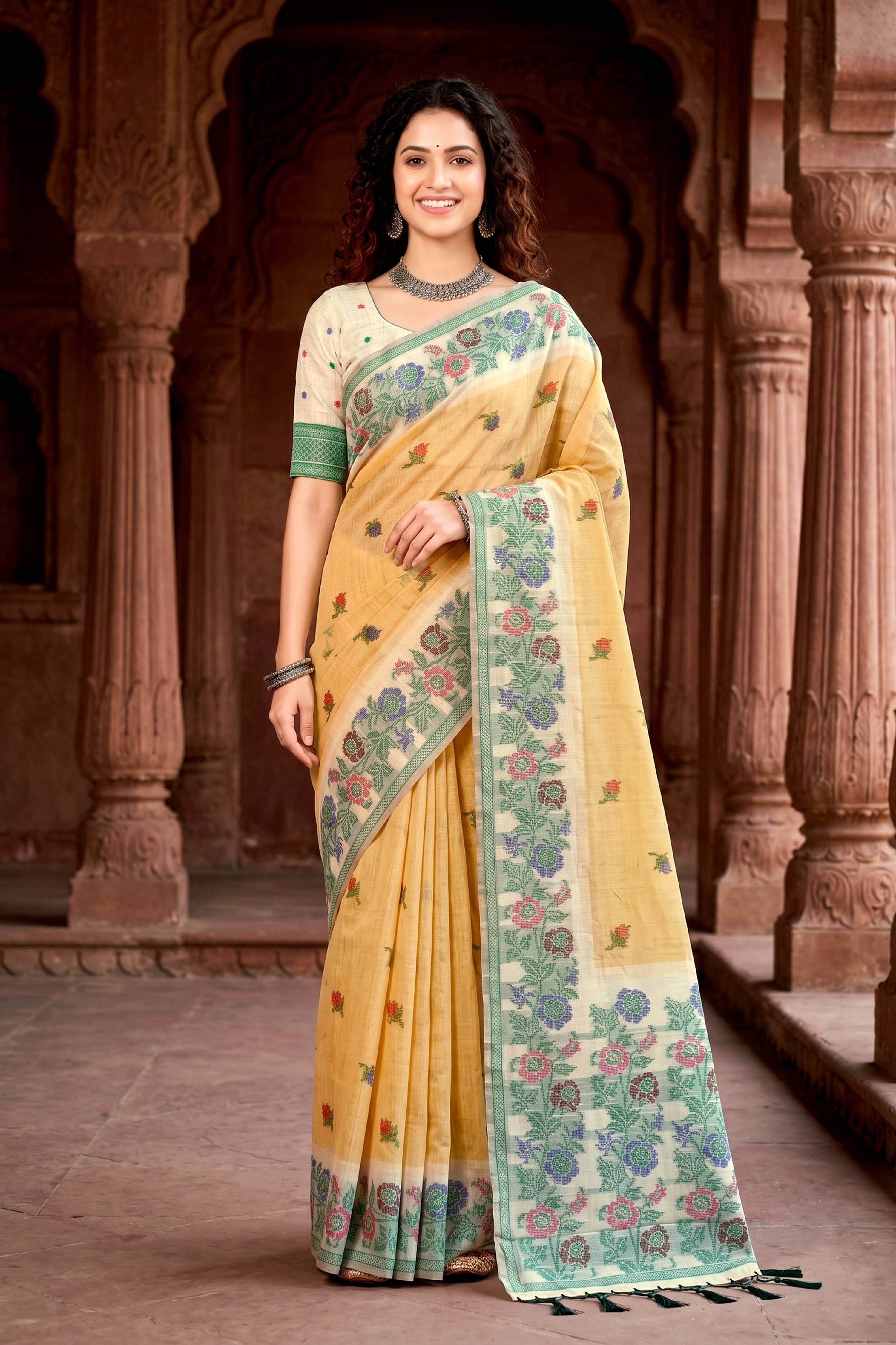 Sangam Prints Mustard Yellow Cotton Blend Woven Work Traditional Saree - Dista