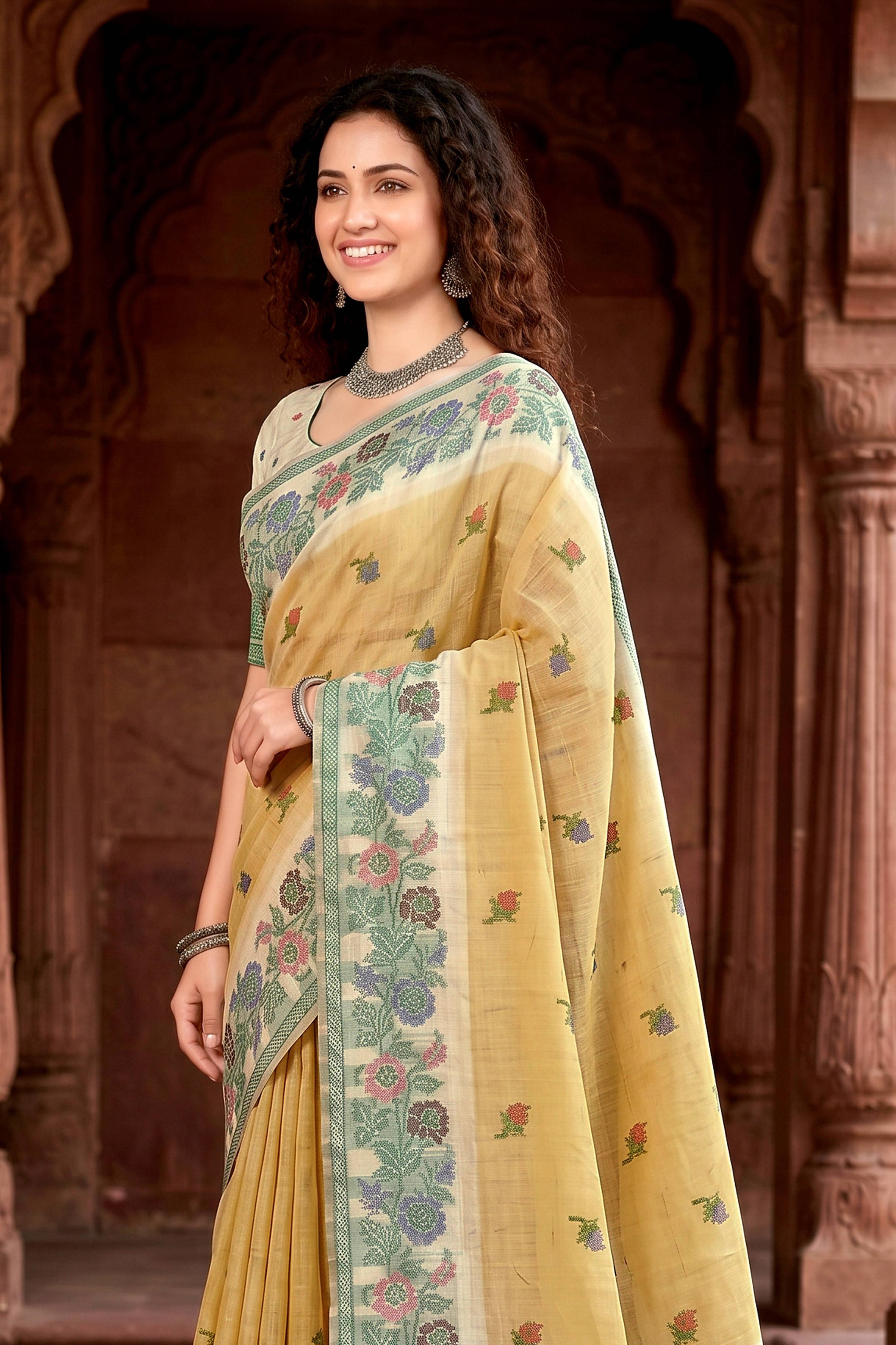 Sangam Prints Mustard Yellow Cotton Blend Woven Work Traditional Saree - Dista