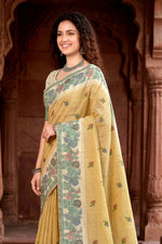 Thumbnail for Sangam Prints Mustard Yellow Cotton Blend Woven Work Traditional Saree - Dista
